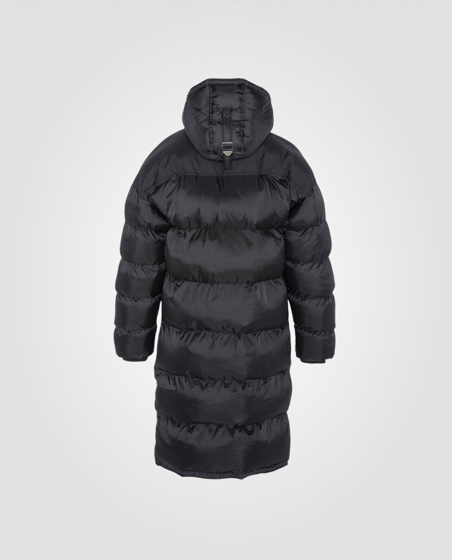 Extra long hooded black down jacket