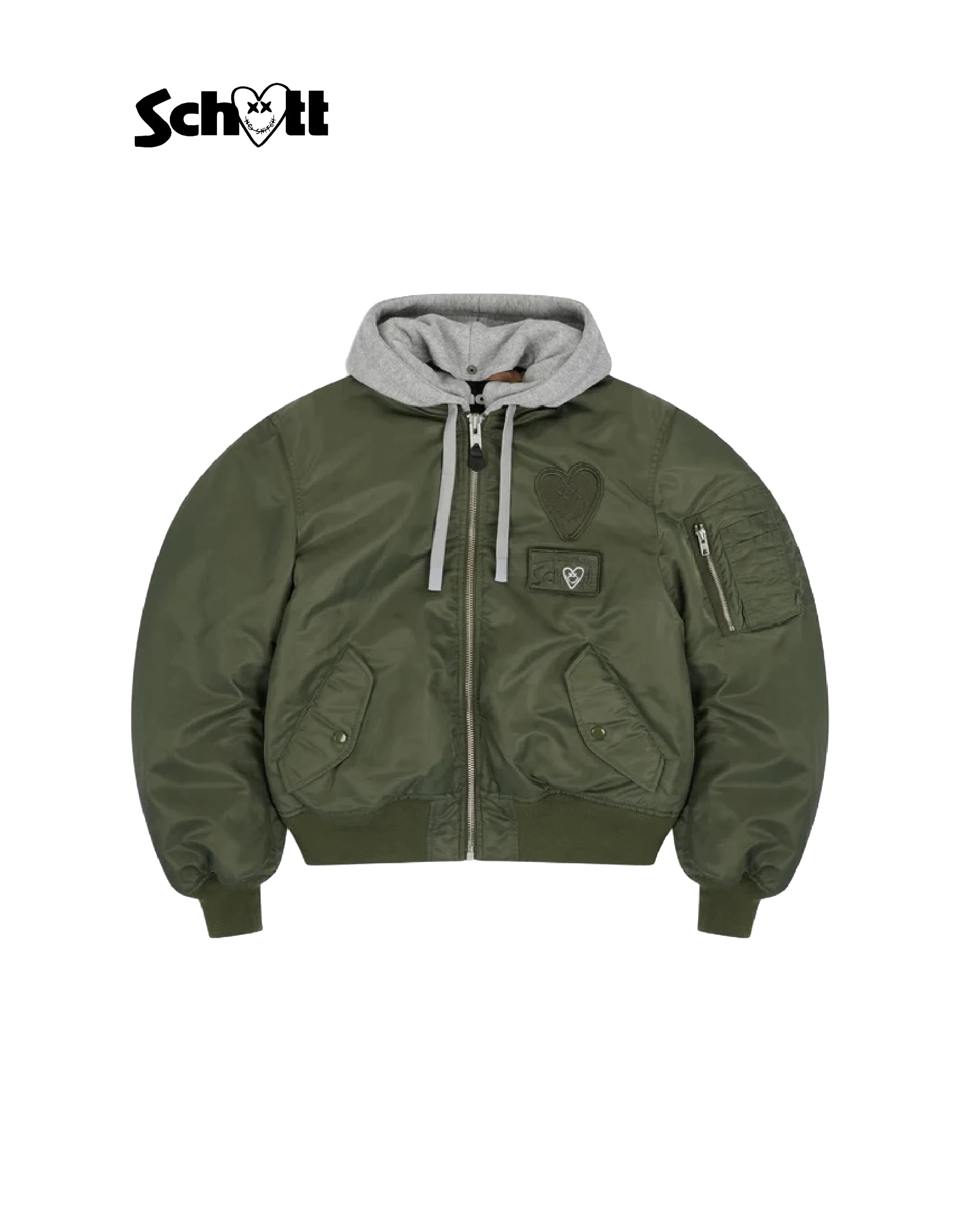 Bomber mixte sage kaki zippé à capuche Schott NYC® x Eleven Paris