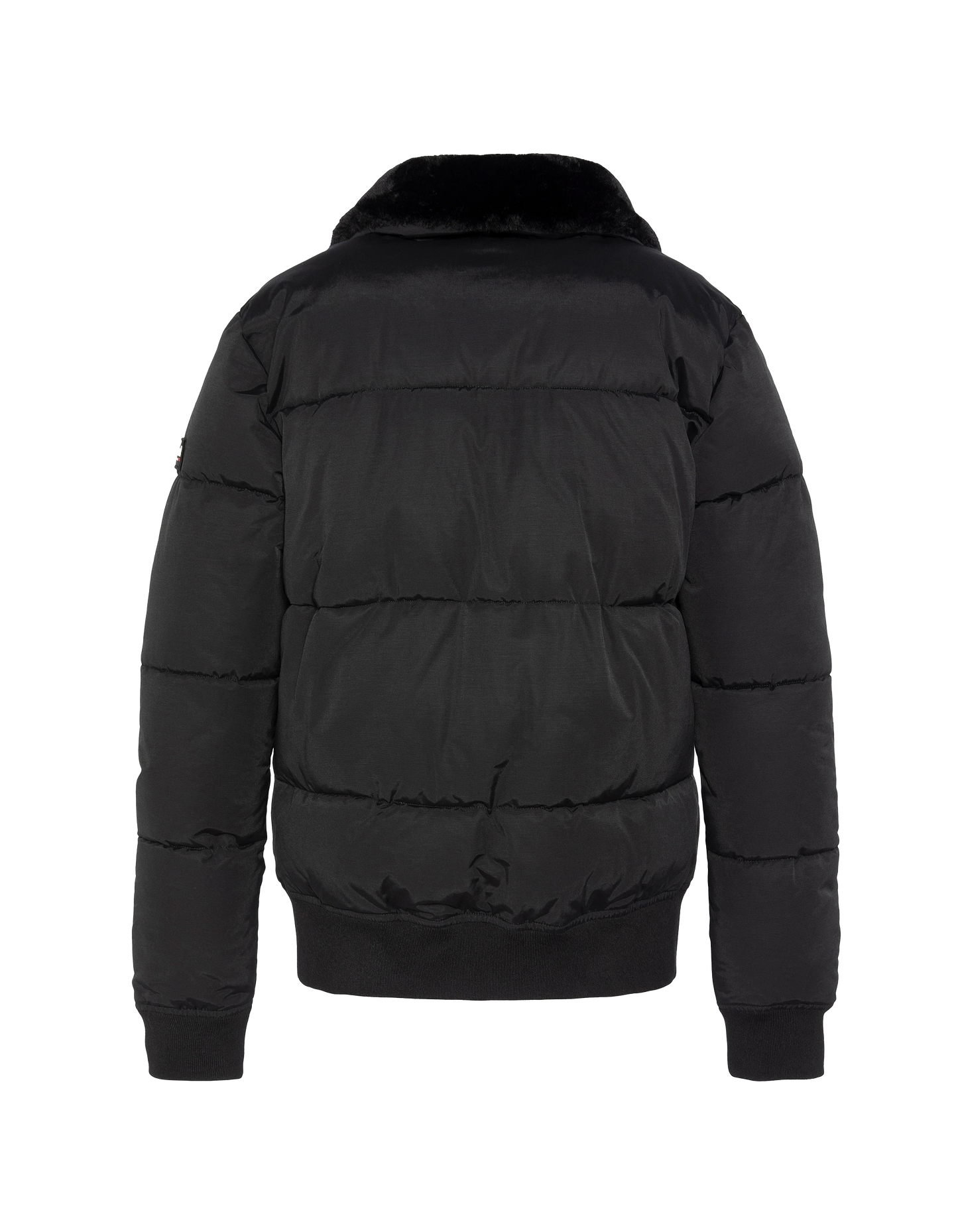 Black down jacket with removable faux fur collar