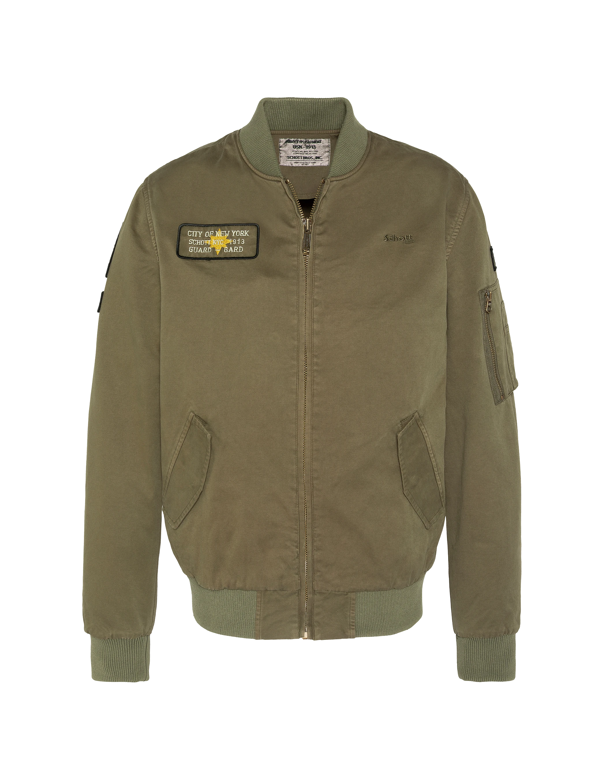 Khaki MA-1-style bomber jacket with patches in washed cotton