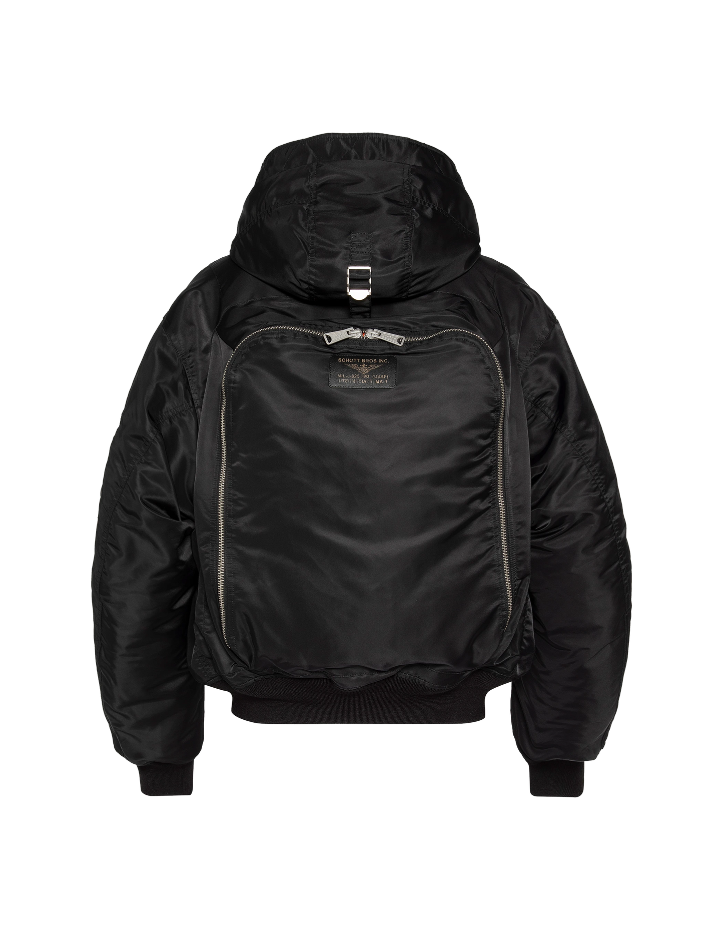 Schwarze Bomberjacke Typ N2B Motorhaube mit integriertem Rucksack