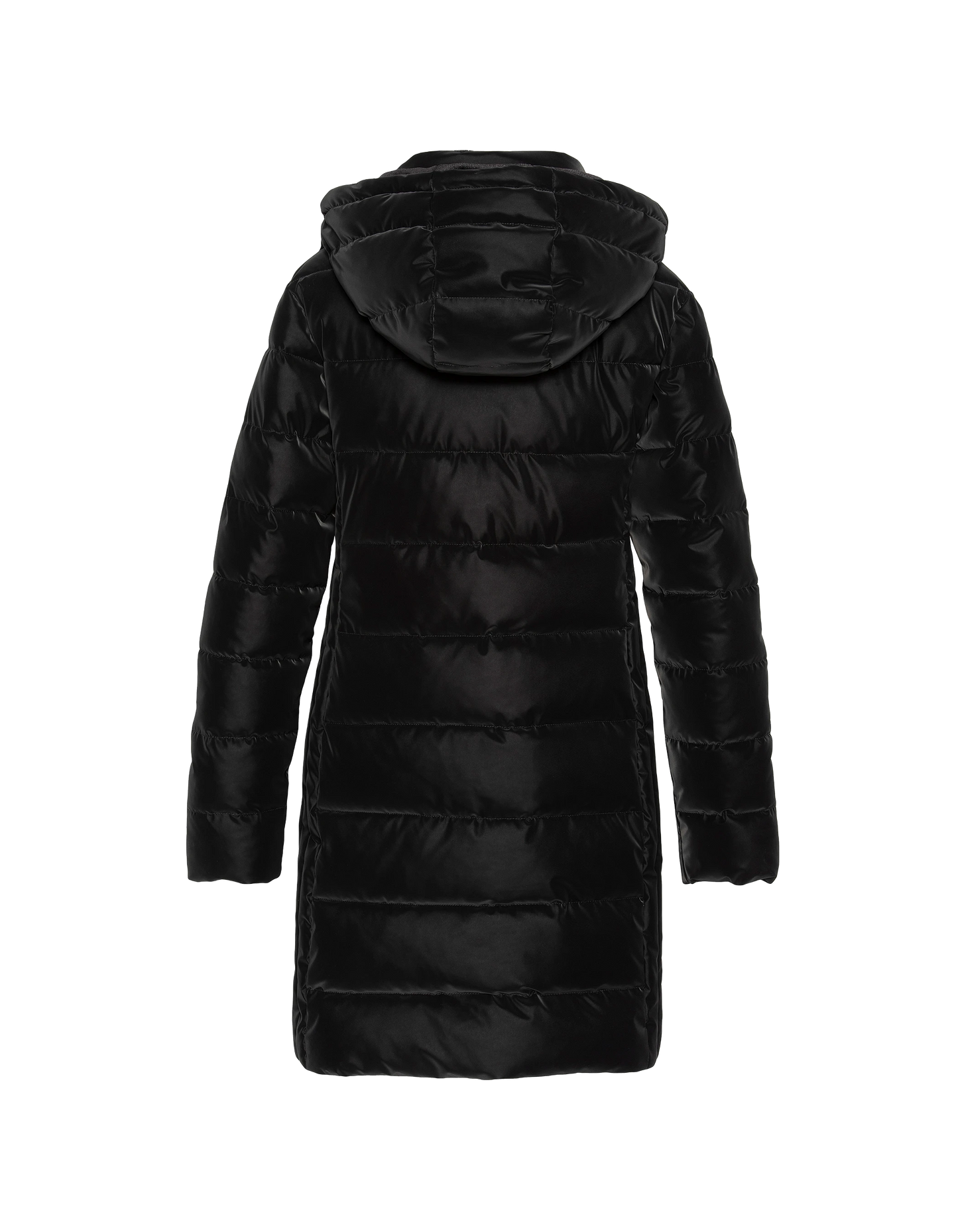 Lange schwarze Jacke mit Kapuze gekrümmt