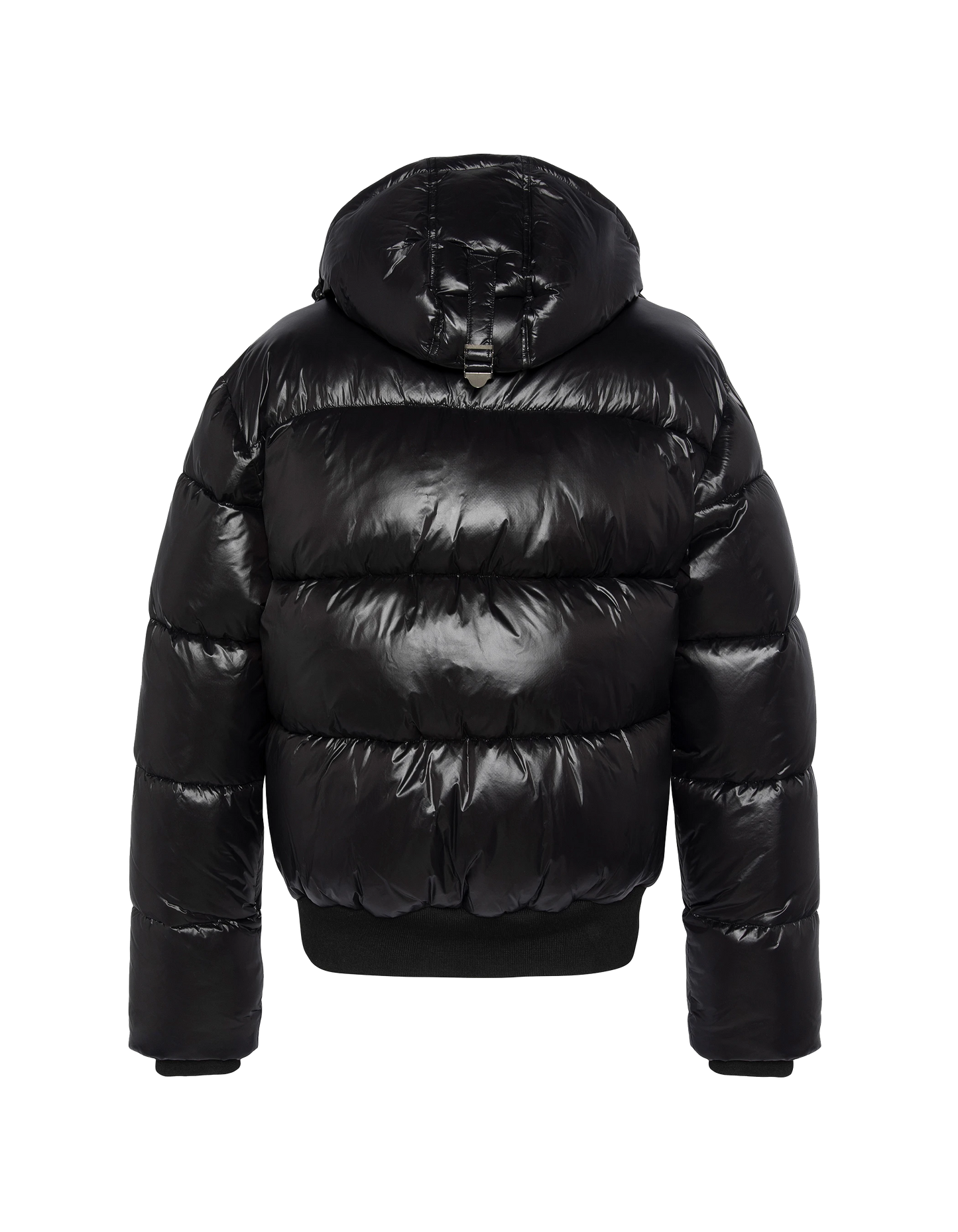 puffer jacket black with shiny hood, boxy fit
