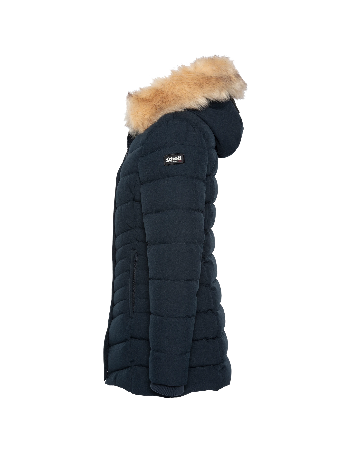 Mid-length to hooded navy parka with removable faux fur