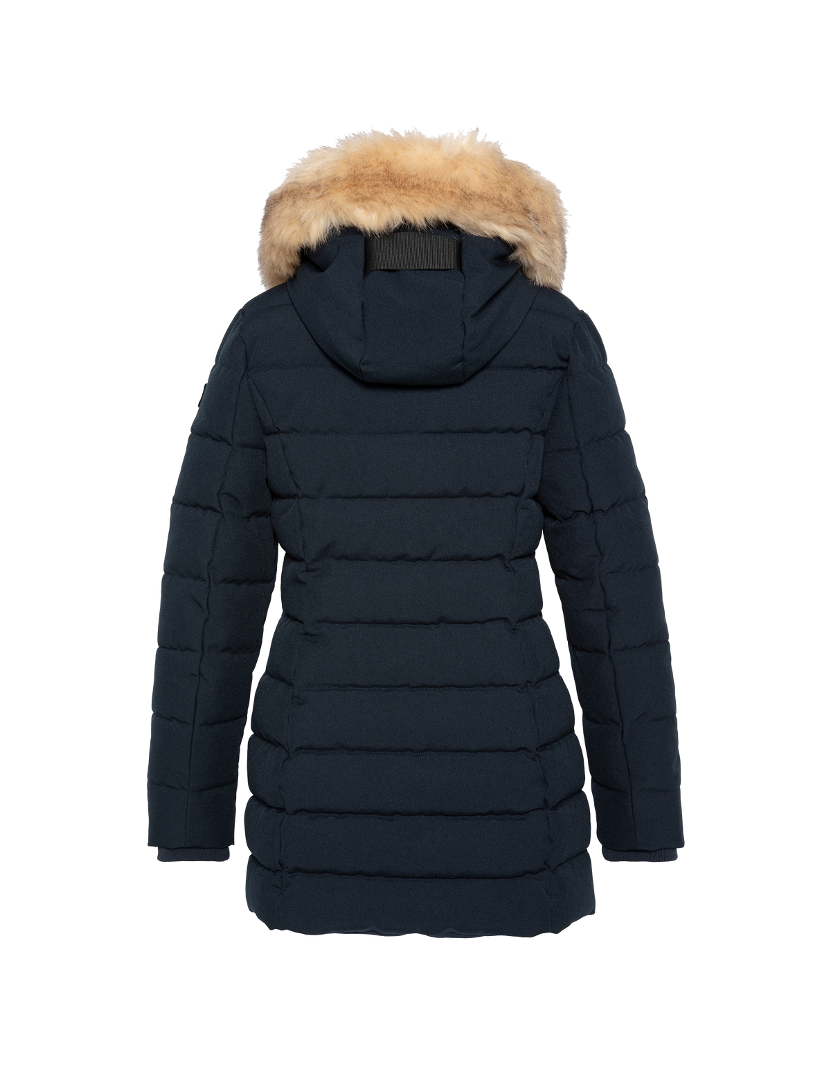 Parka blu navy di media lunghezza con cappuccio e pelliccia sintetica rimovibile