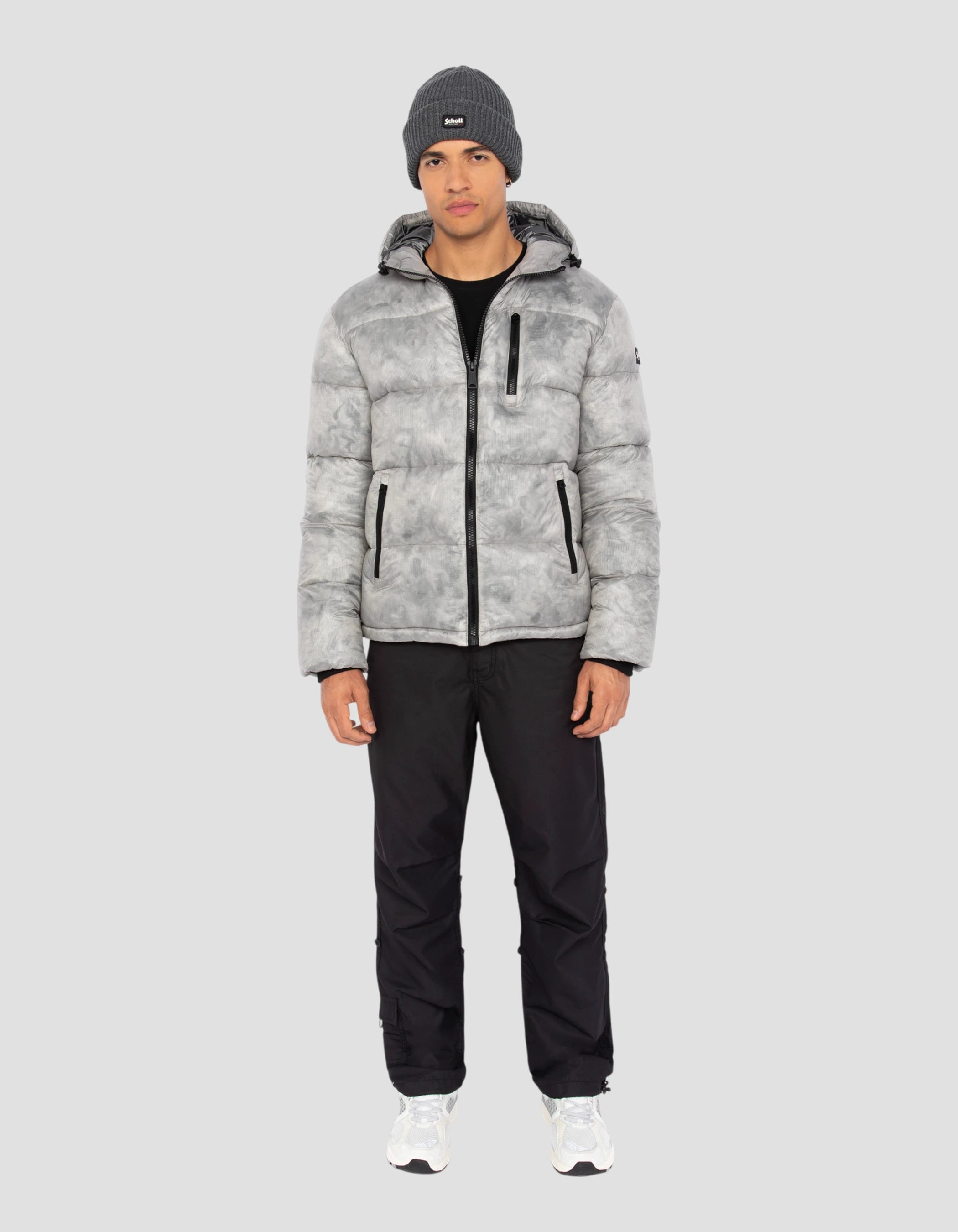 Doudoune gris clair à capuche effet marbré - INWOOD | Schott NYC®, image size:2100x2700