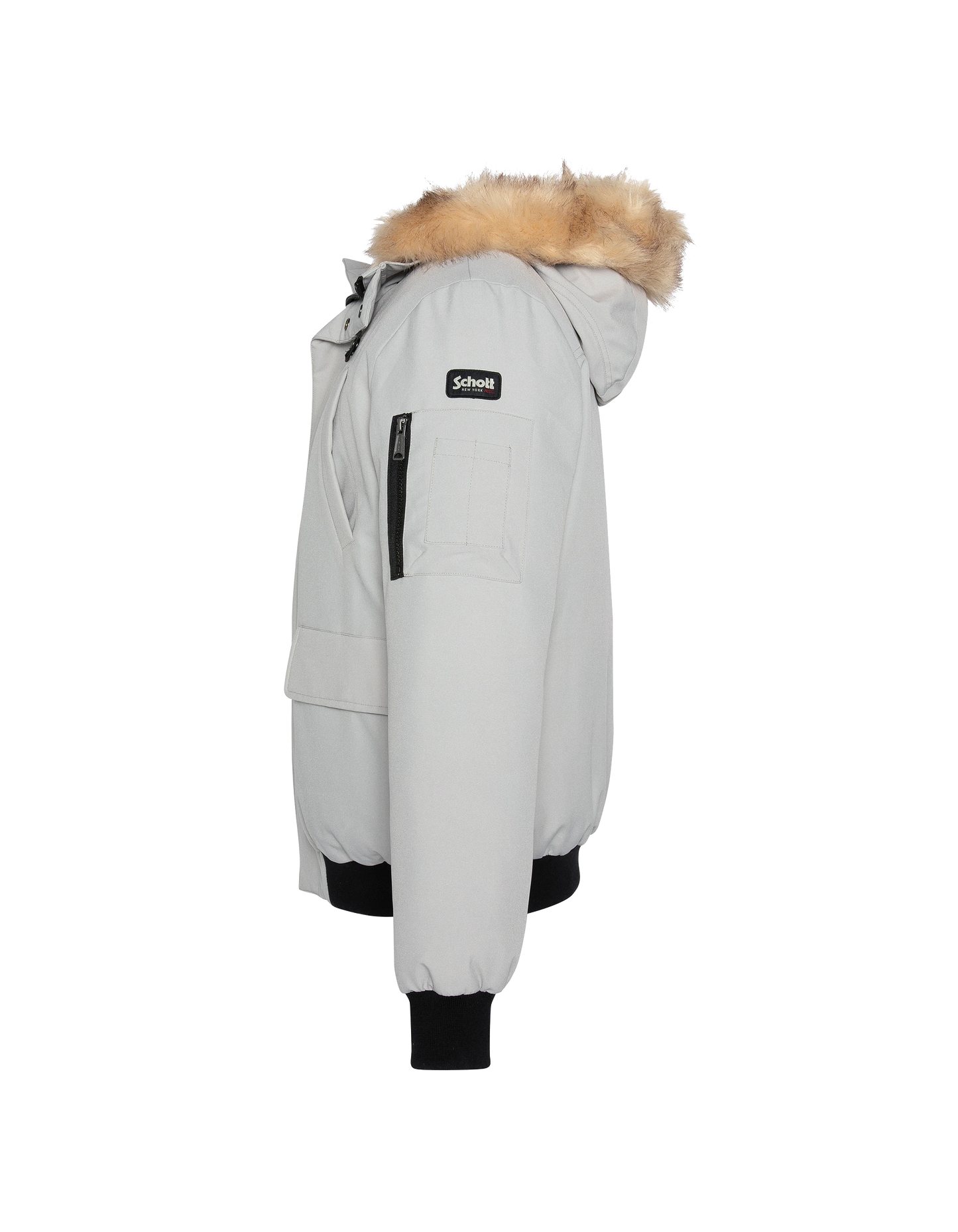 Acero gris parka corto con capucha con pelaje falso