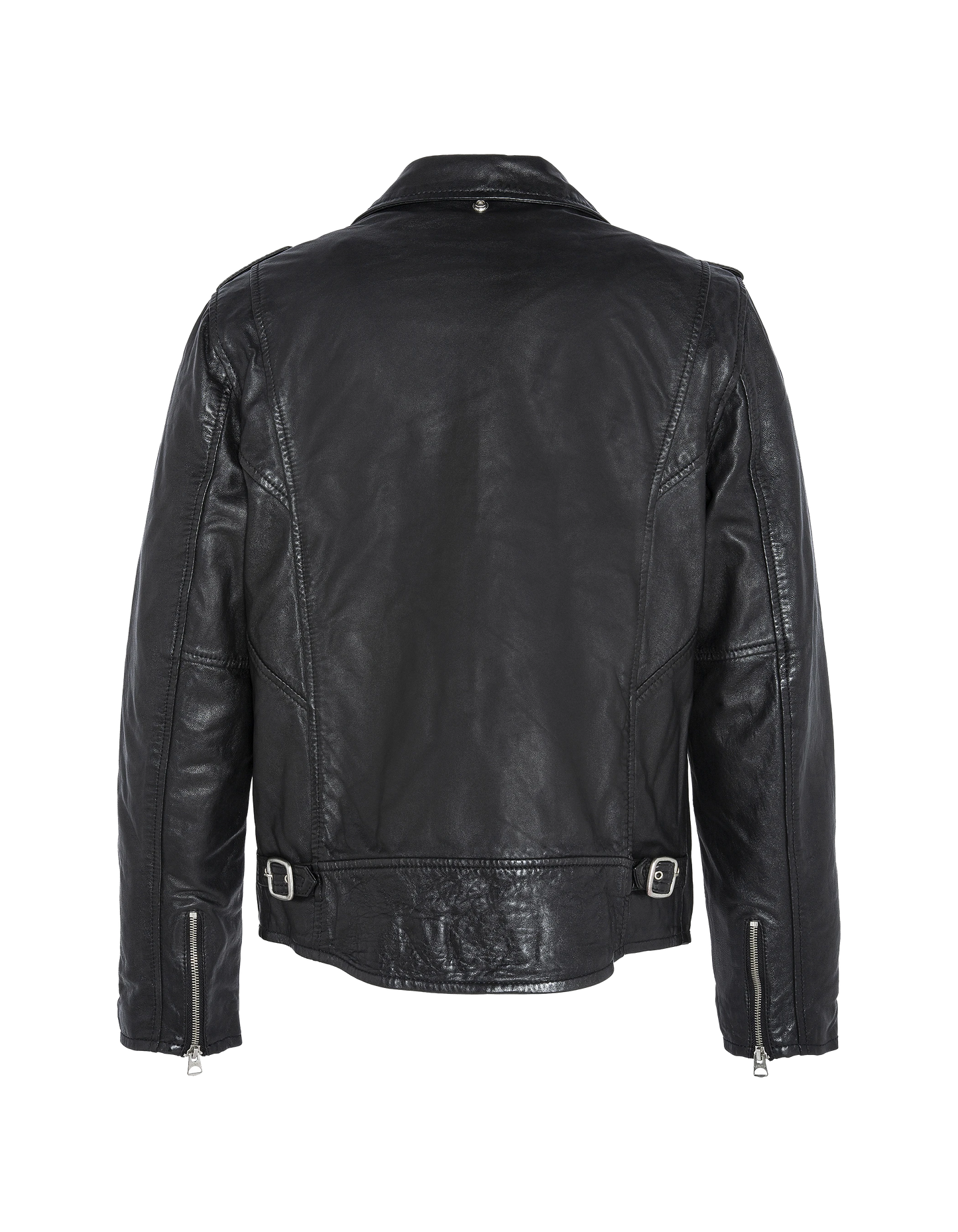 Blouson Perfecto® noir sans ceinture, cuir de d'agneau lavé