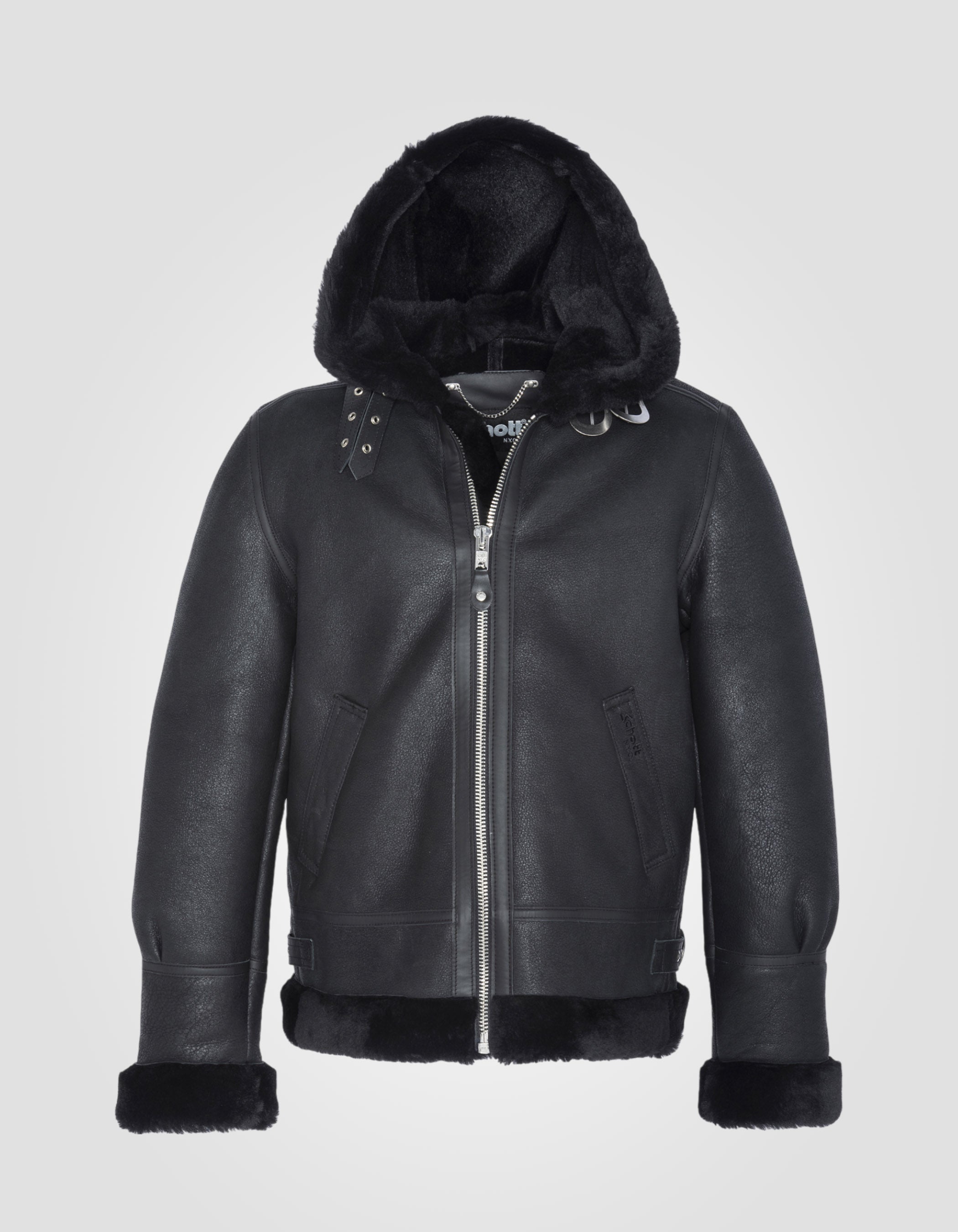 B-3 hooded black bomber jacket, sheepskin leather, plus size