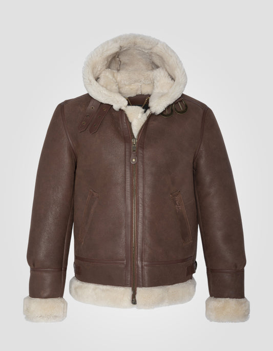 Bombardier B-3 giacca cognac con cappuccio, pelle di pecora, grandi dimensioni