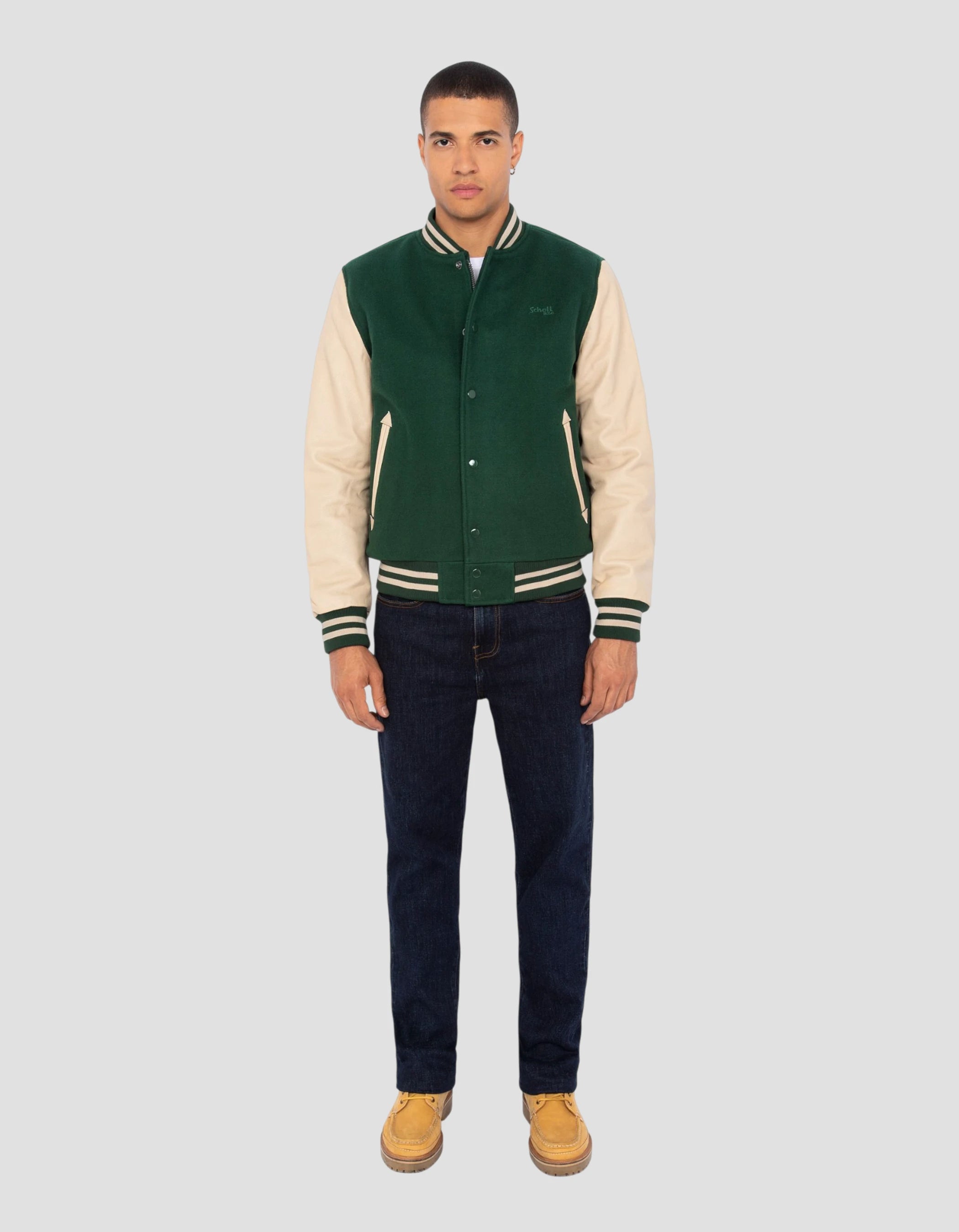 Green and beige teddy jacket, cowhide leather - LC8705 | Schott NYC®