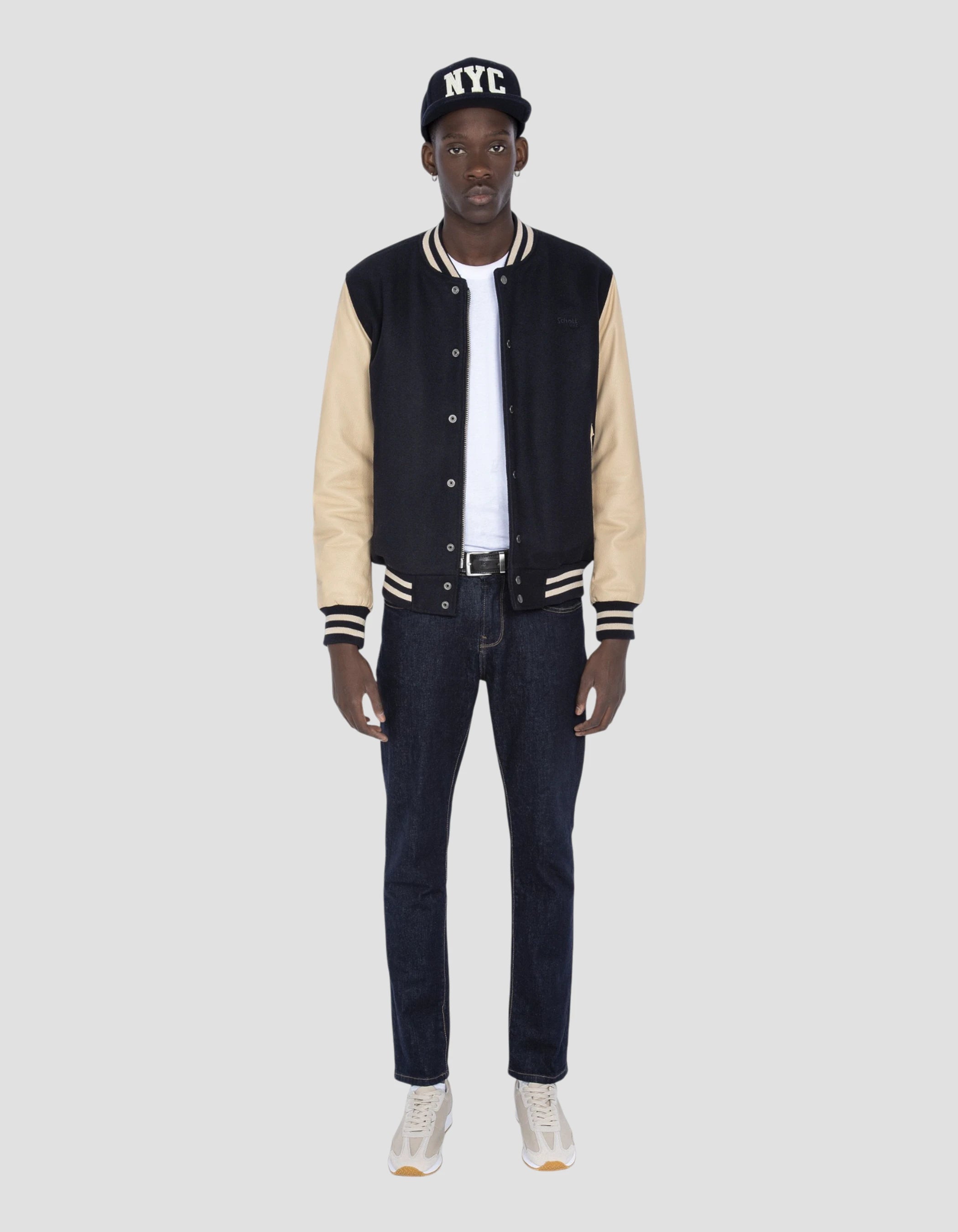 Blouson teddy bleu marine et beige, cuir de vachette - LC8705
