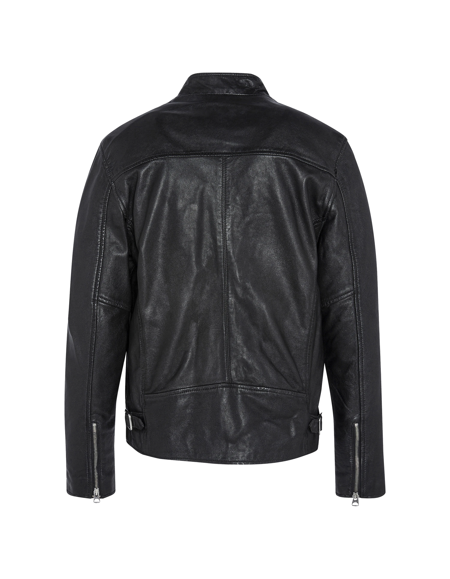 Blouson café racer noir effet usé, cuir d'agneau