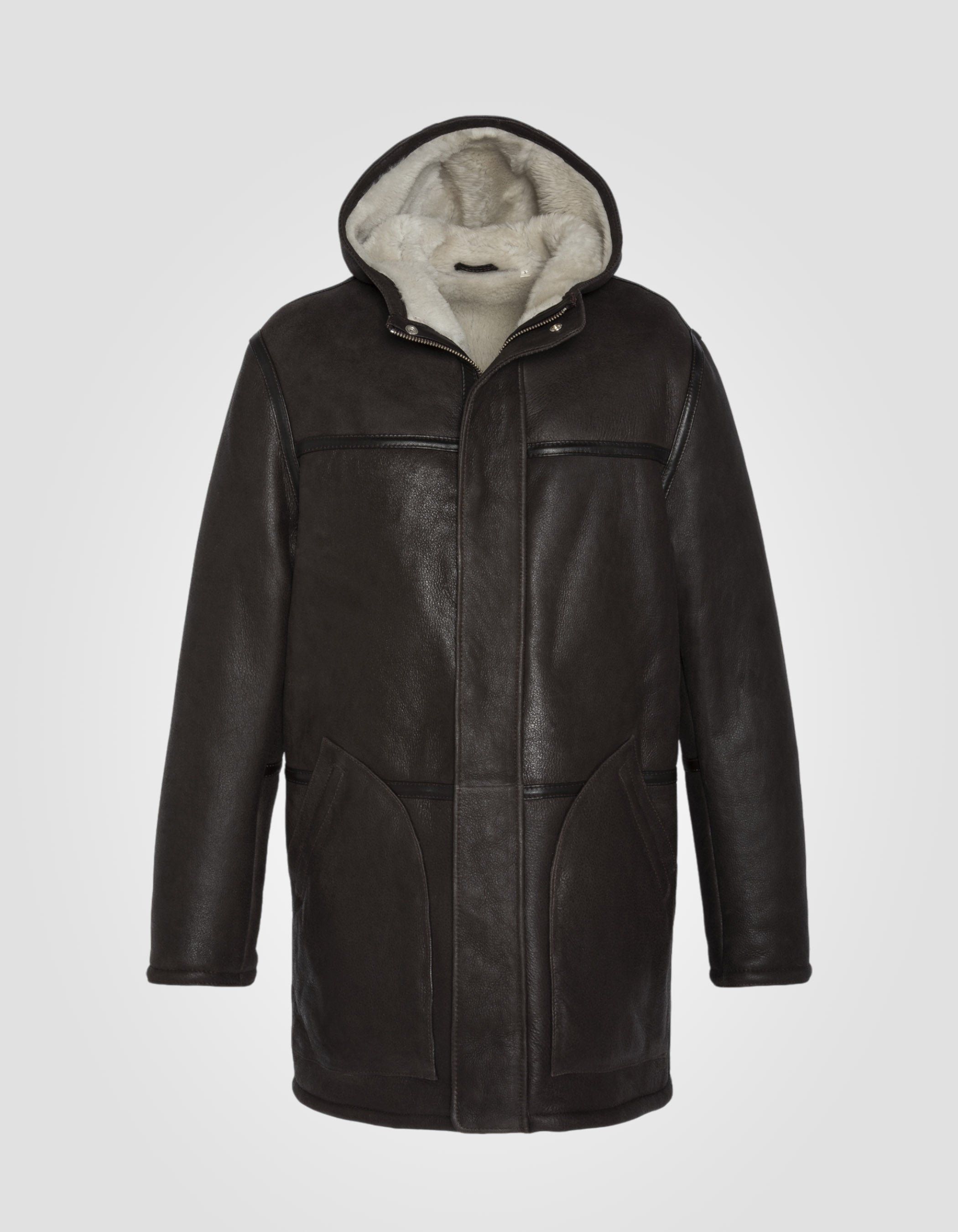 Cappotto marrone con cappuccio, pelle di pecora
