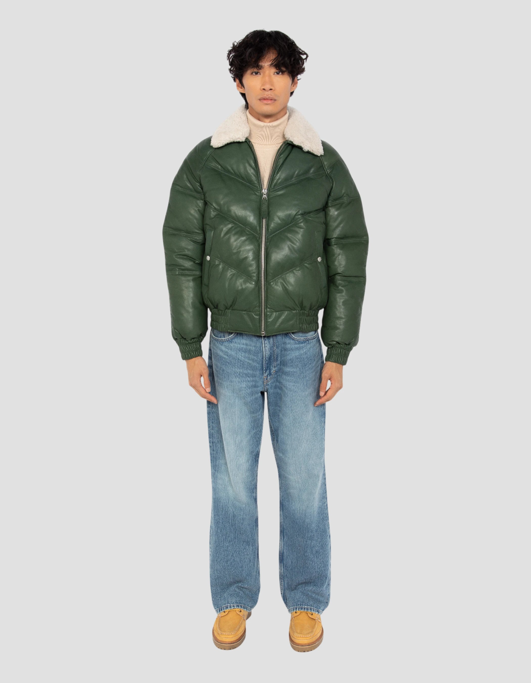 Doudoune rétro streetwear verte, cuir de vachette - LCDOWNW25