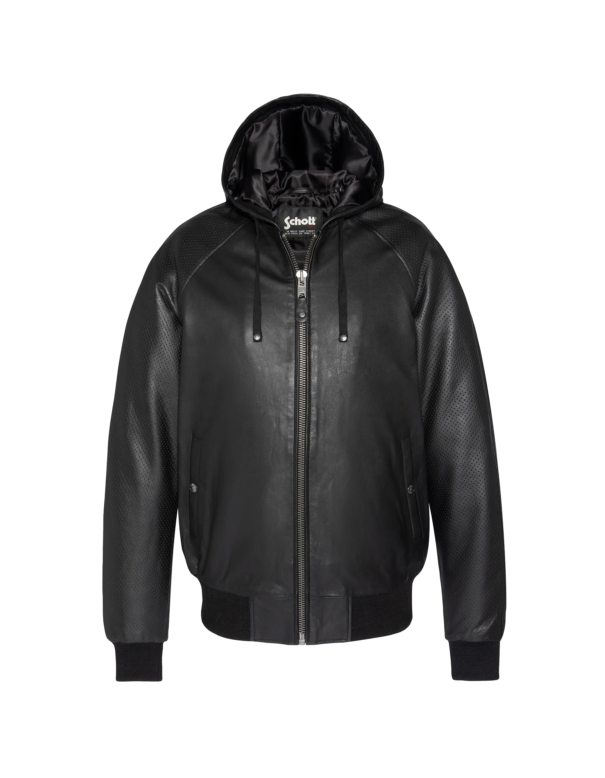 Black hooded jacket, lambskin leather LCHURBAN Schott NYC®