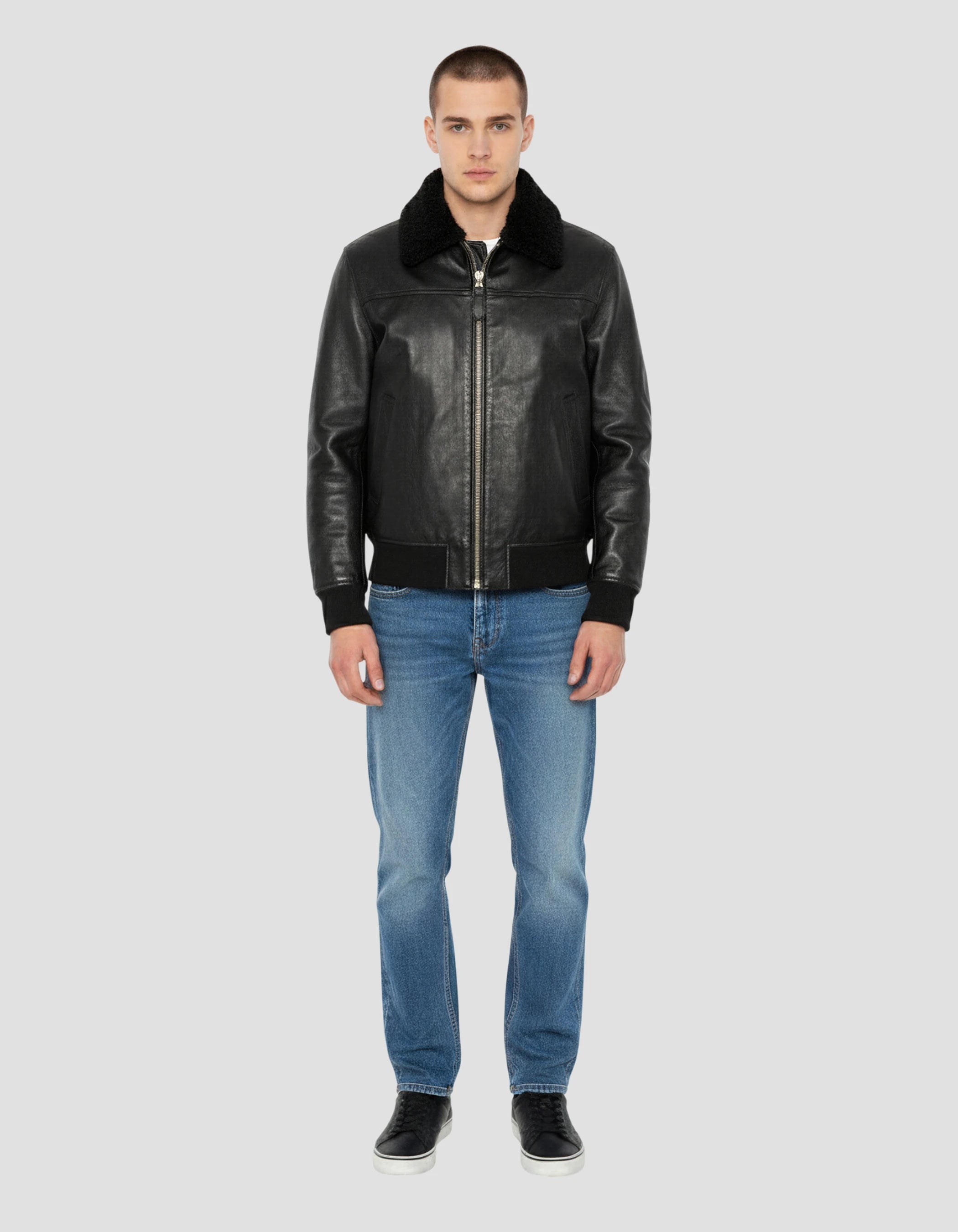 Black pilot jacket with removable sheep, cowhide leather