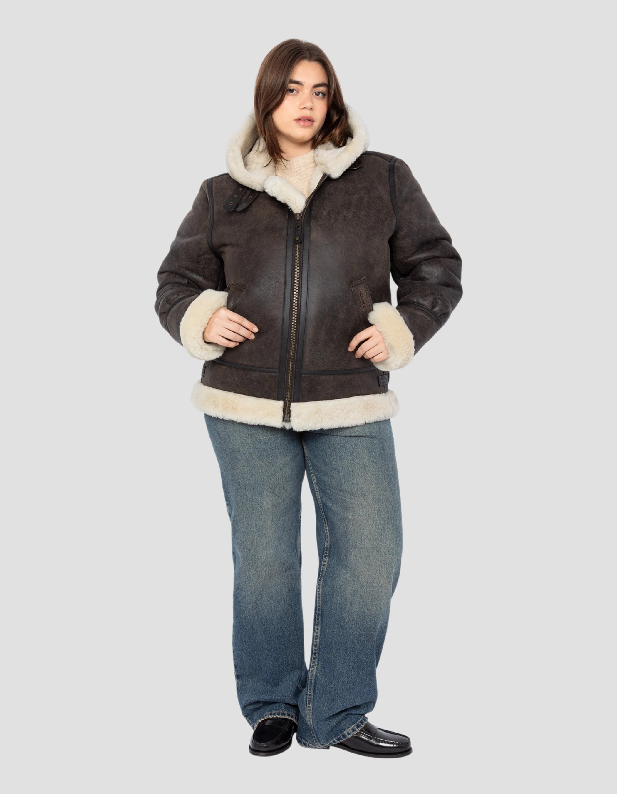 B-3 hooded brown bomber jacket, sheepskin leather, plus size B-3 hooded brown bomber jacket, sheepskin leather, plus size