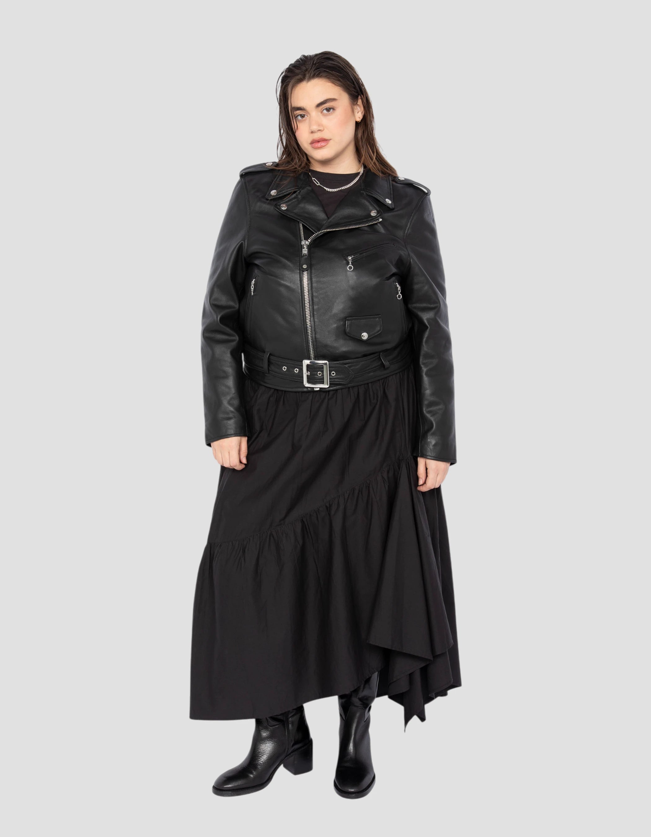 Black Perfecto® jacket, with belt, lambskin leather, plus size