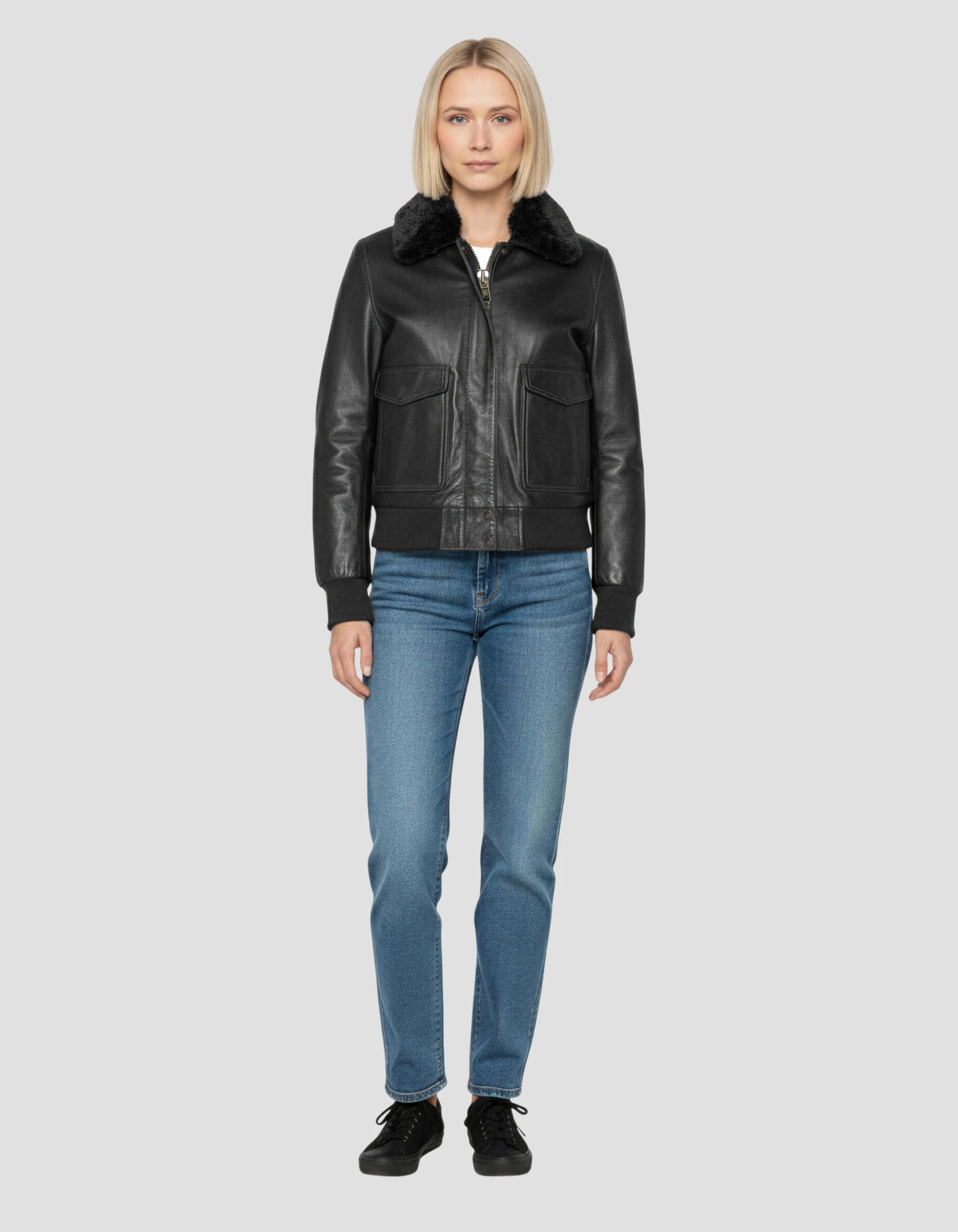 Black jacket with removable faux fur collar - LCW9185 | Schott NYC®