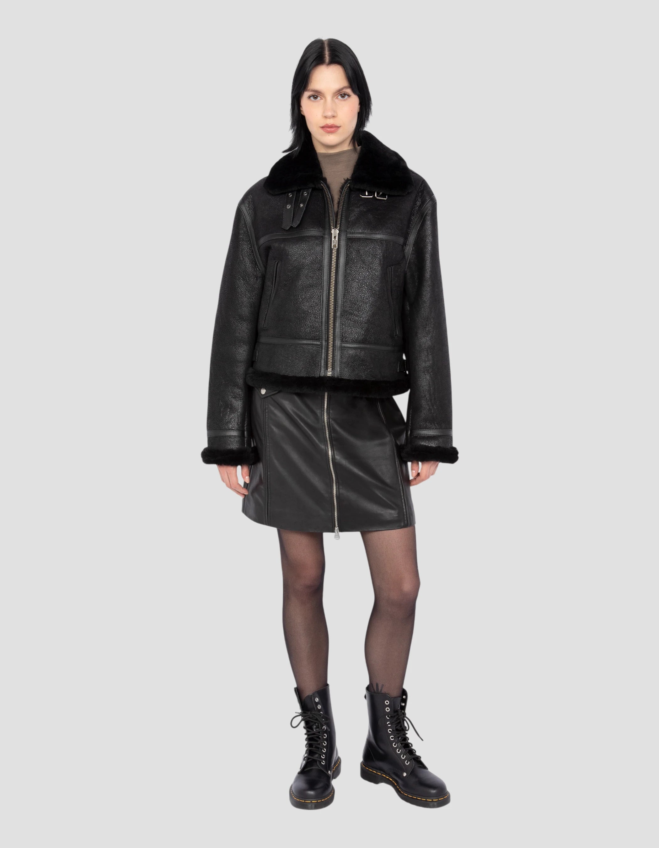 Blouson bombardier court type B-3 full black, mouton double face