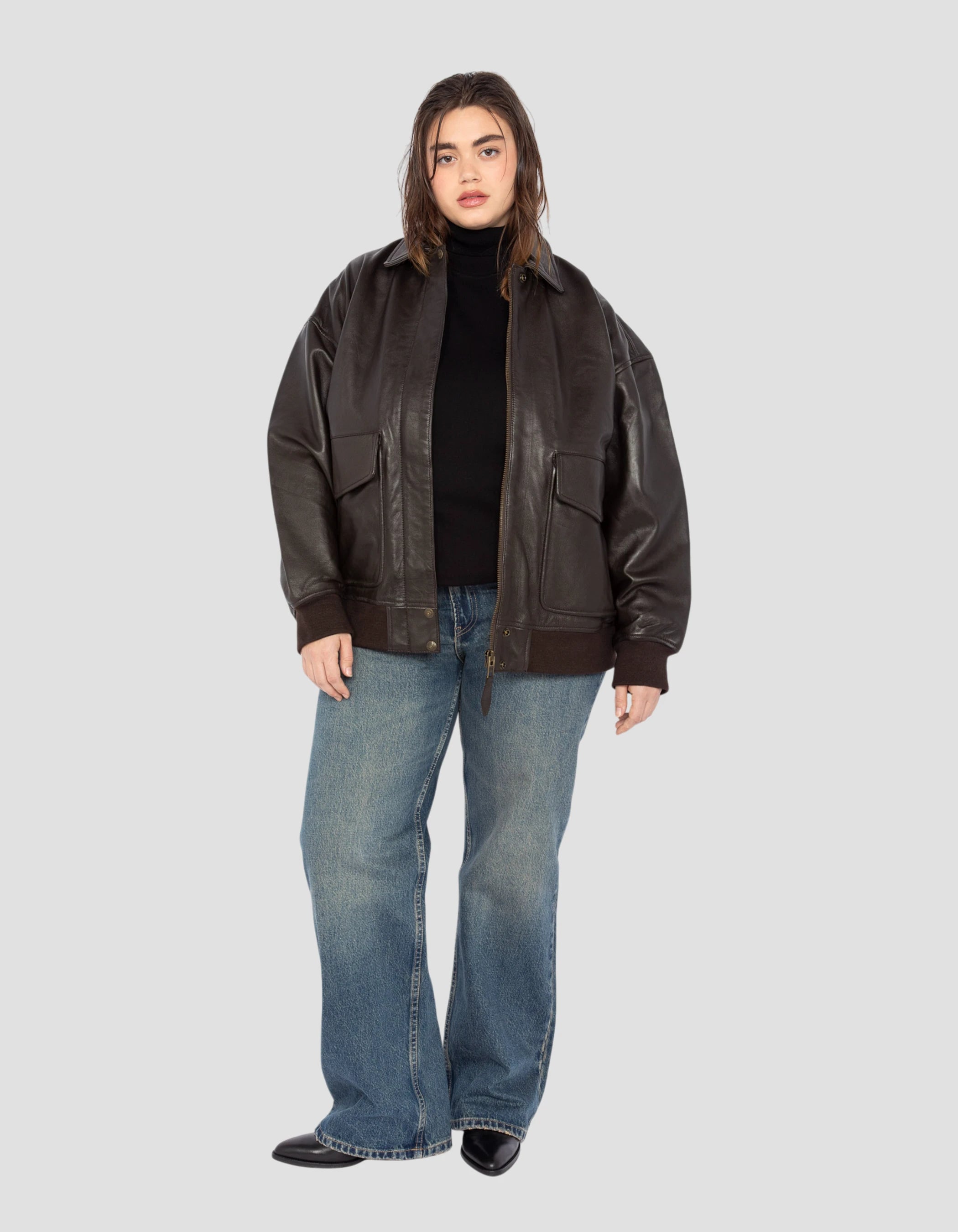 Soft Boyfriend cut brown aviator jacket, washed lambskin leather