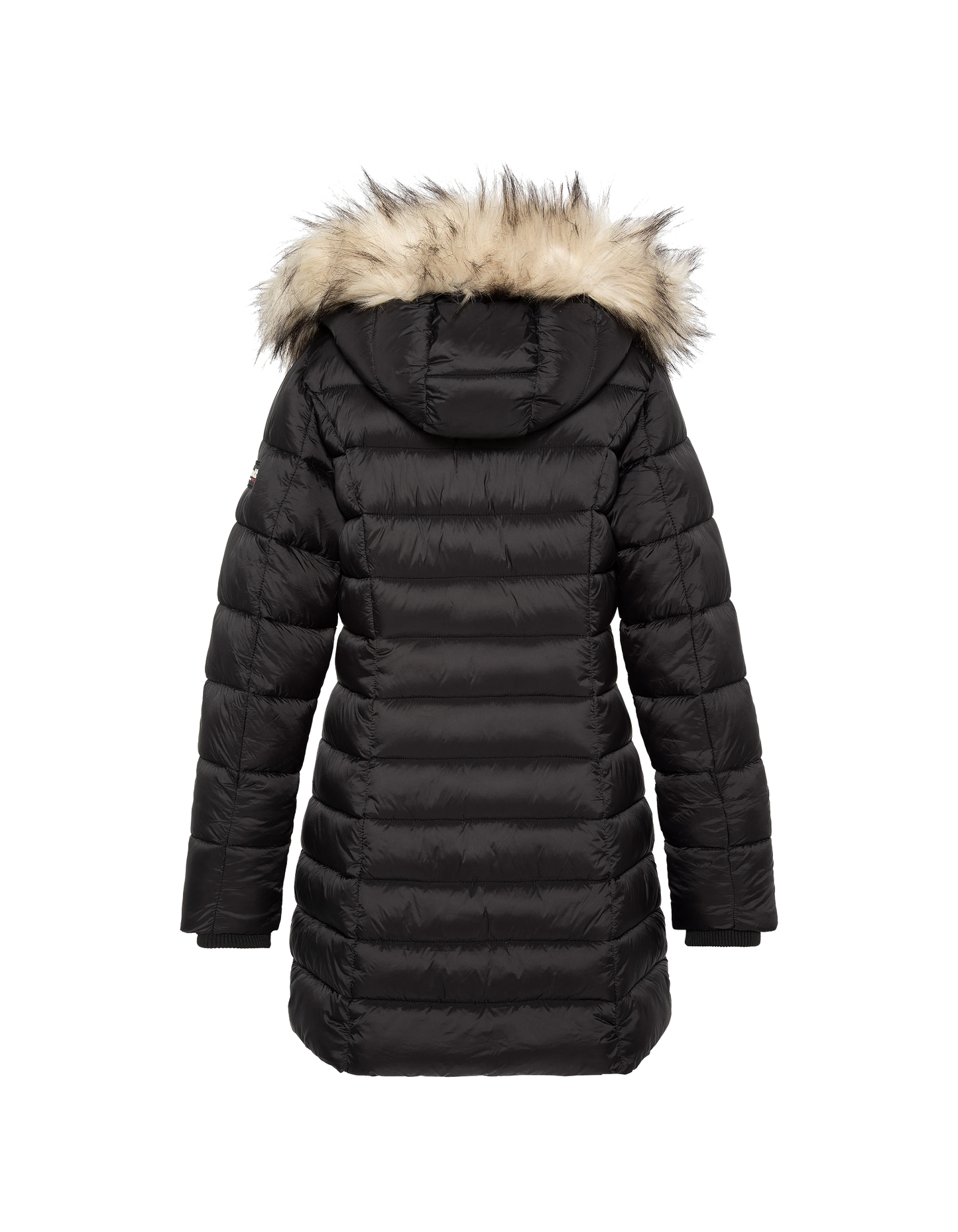 Schwarze Down -Jacke mit abnehmbarem Kunstpelzkragen