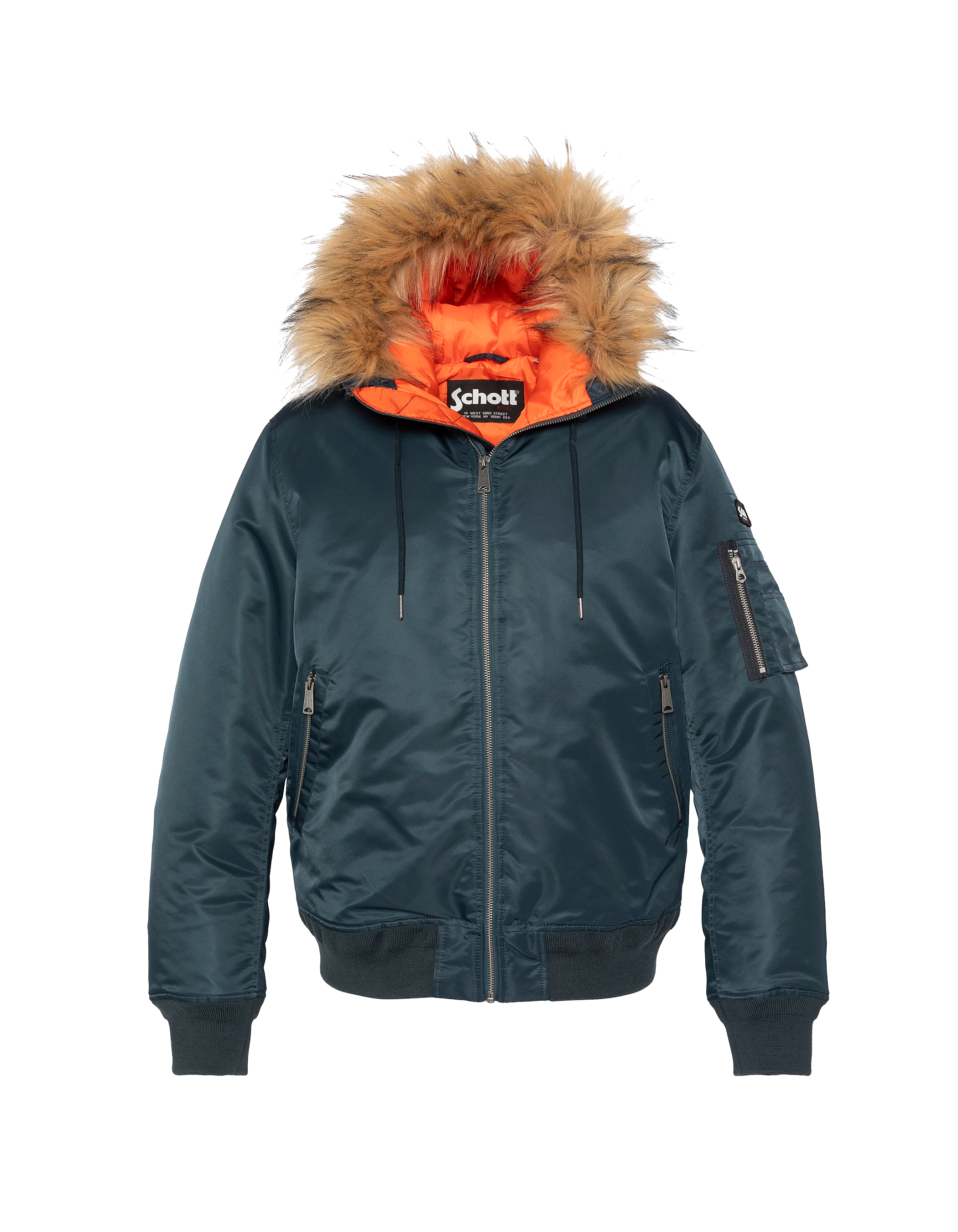 Navy blue bomber with faux fur hood - MA25 | Schott NYC®