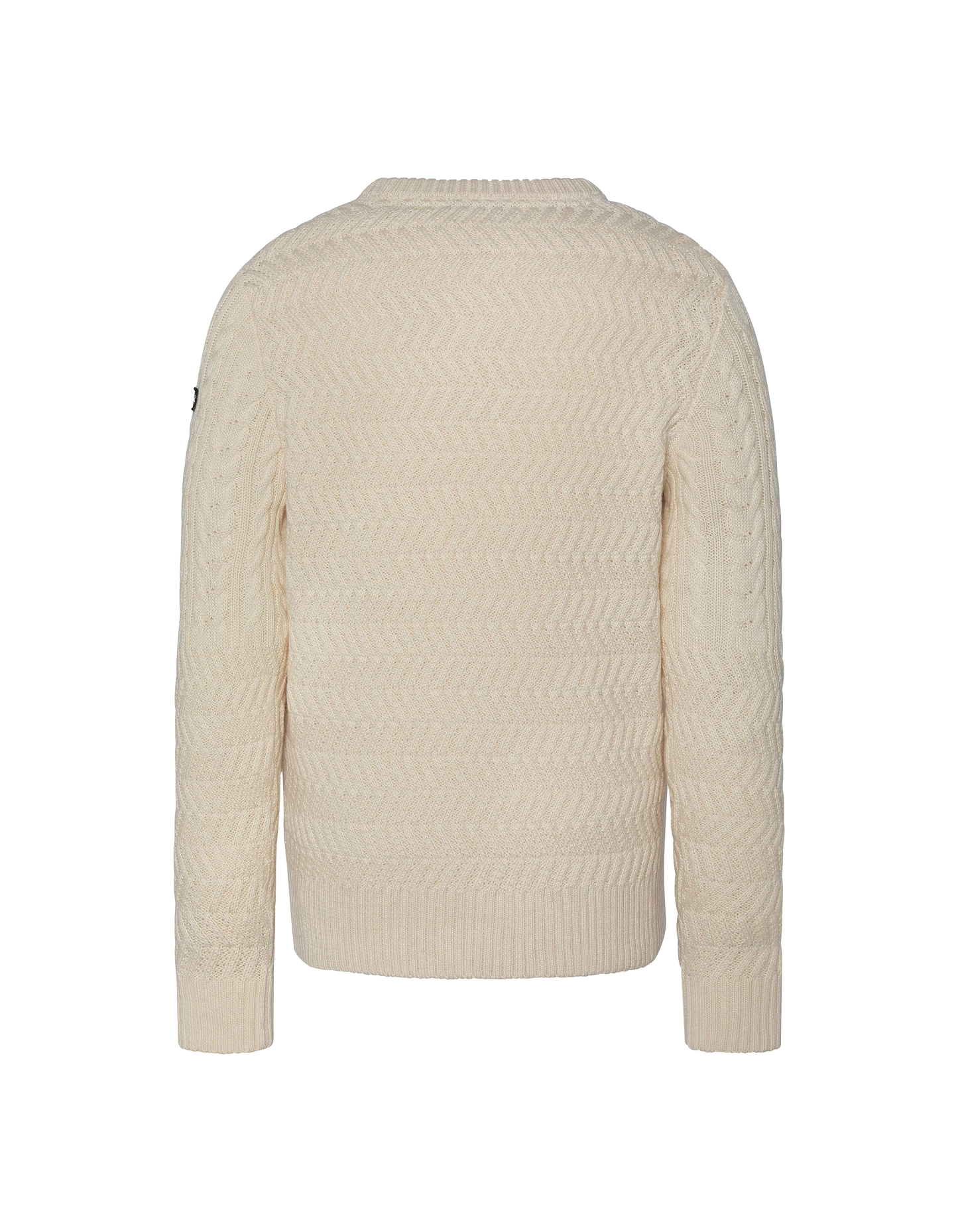 Suéter de cuello redondo blanco roto, malla retorcida