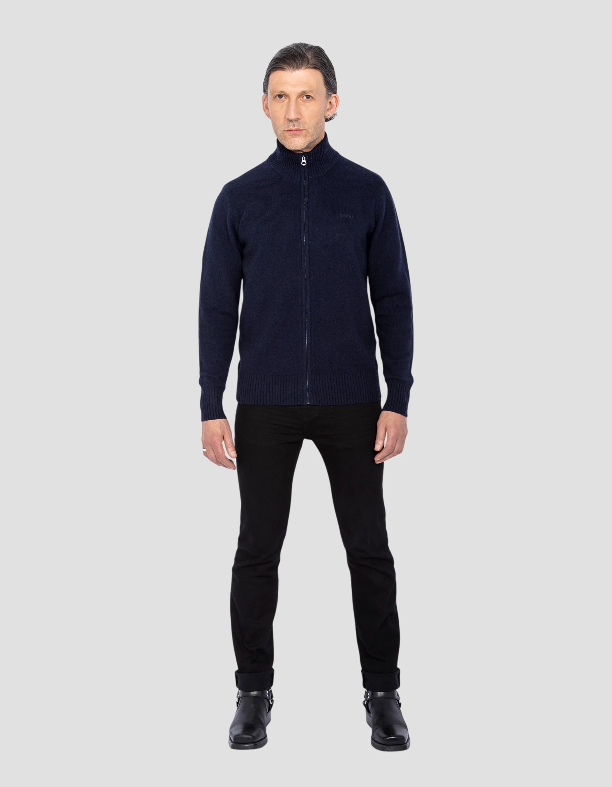 Navy blue zipped cardigan in lumbswool - PLLANCE3 | Schott NYC®