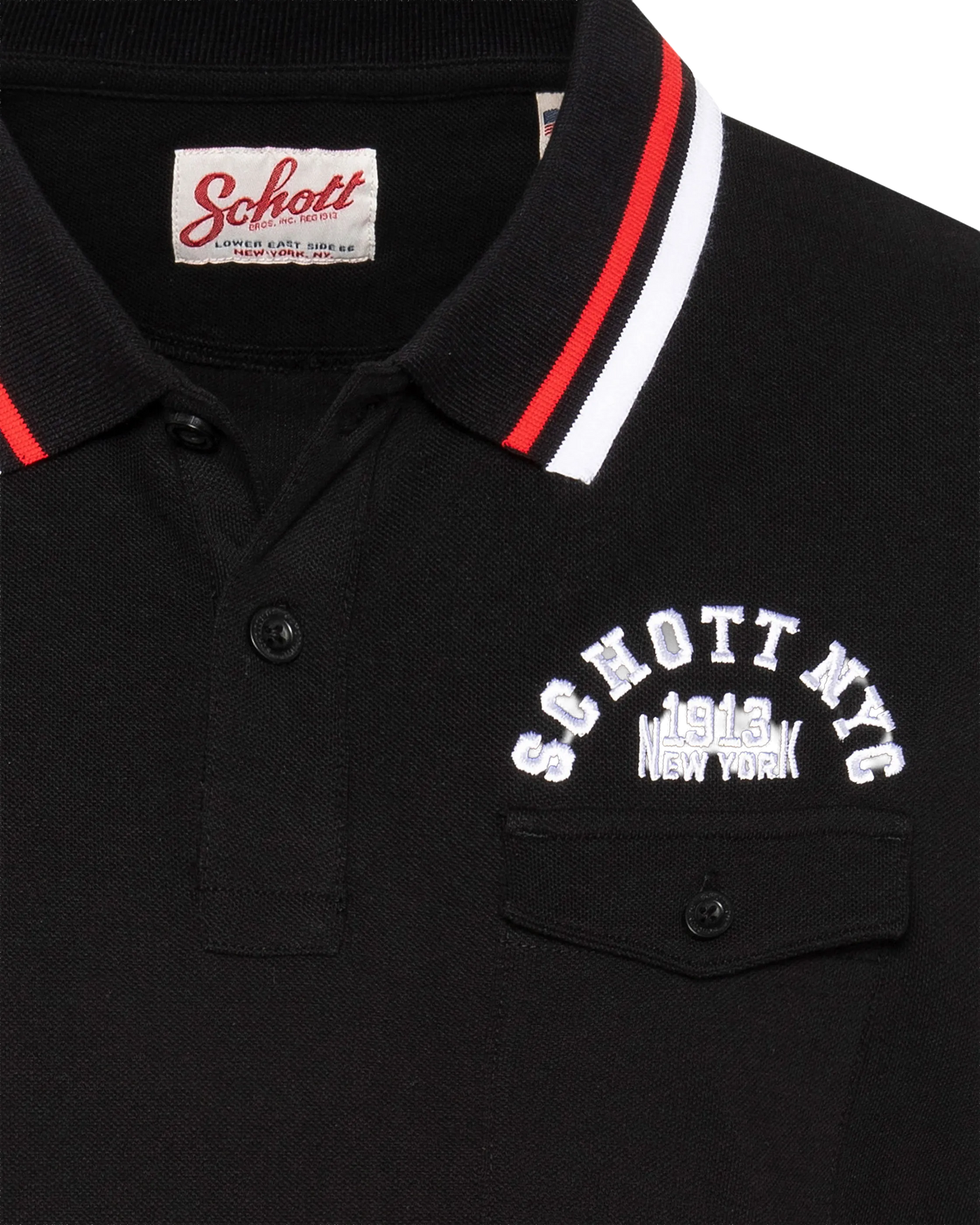 Black polo shirt with flap pocket and tricolor piping