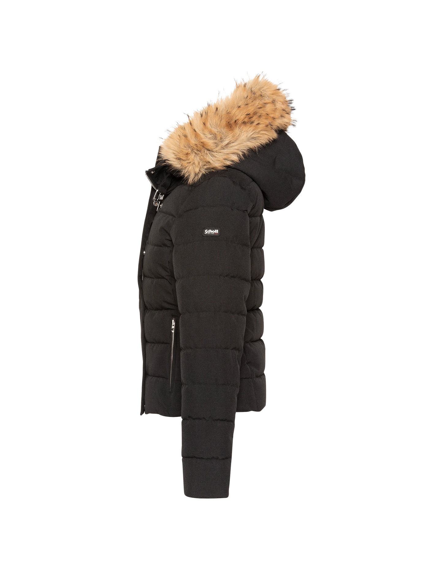 Taillierte schwarze Kapuzenjacke mit Kunstpelzbesatz
