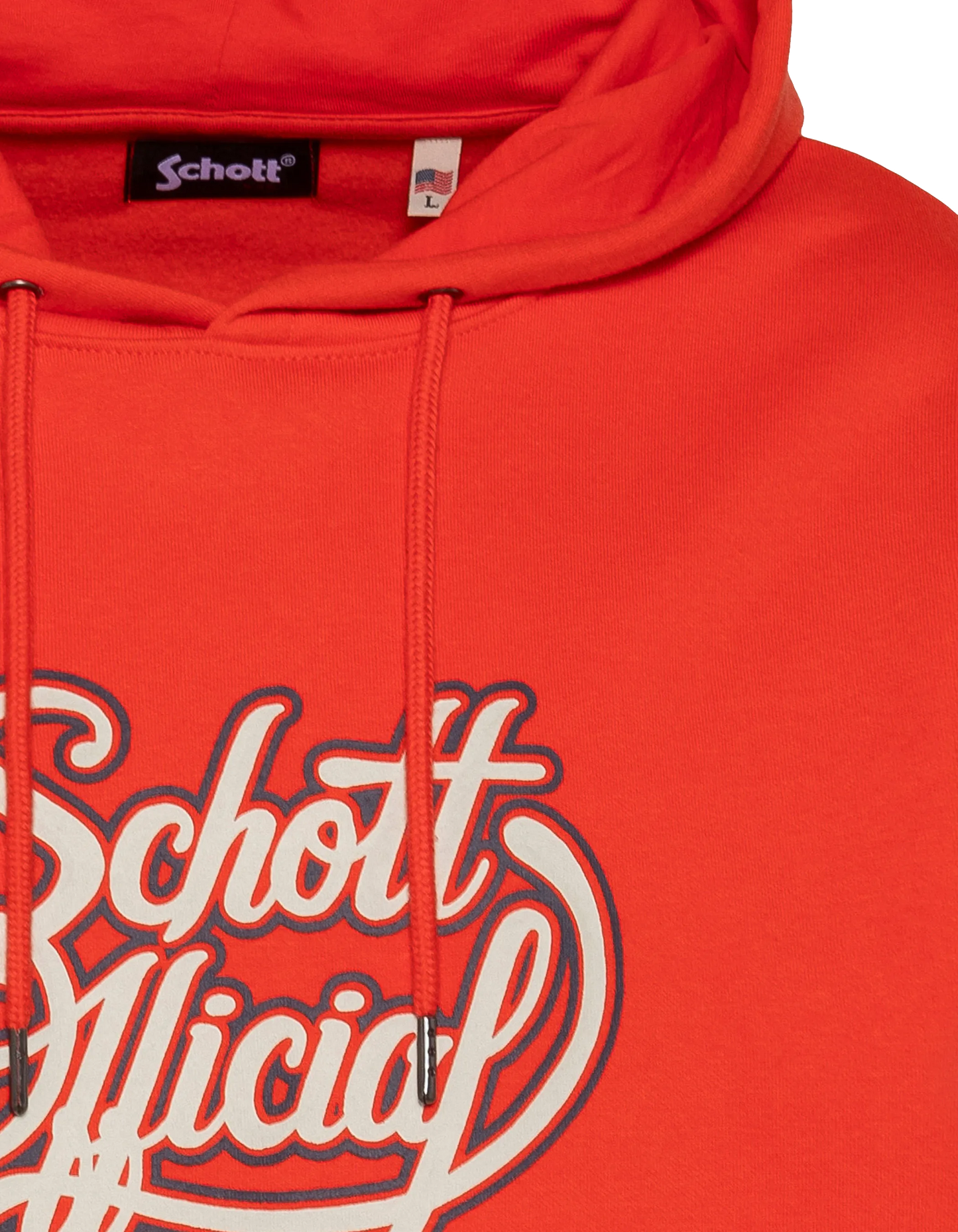 Orangefarbenes Schott-Kapuzenpullover mit offiziellem Aufdruck