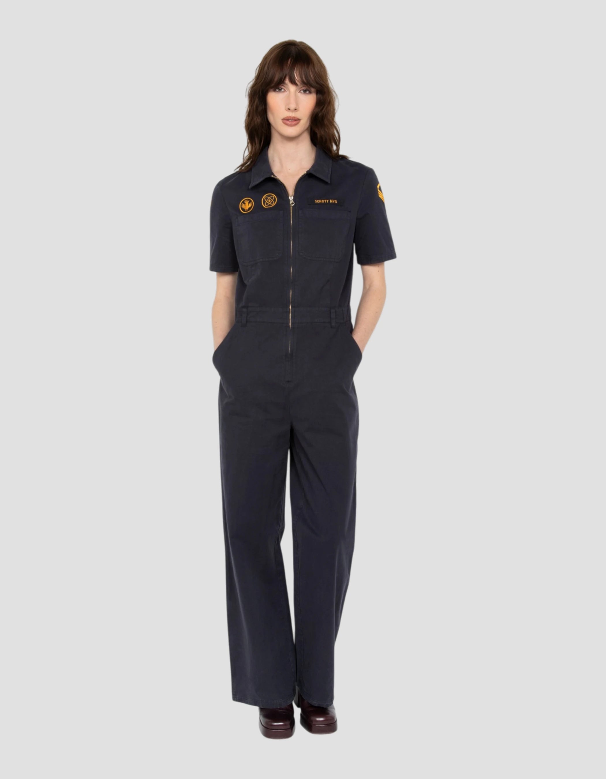 サロペット・オーバーオール・オールインワン KOWGA 21aw WOMENS FIT MILITARY JUMP SUIT Navy blue army coverall with short sleeves - TRJABRIL70W | Schott NYC®