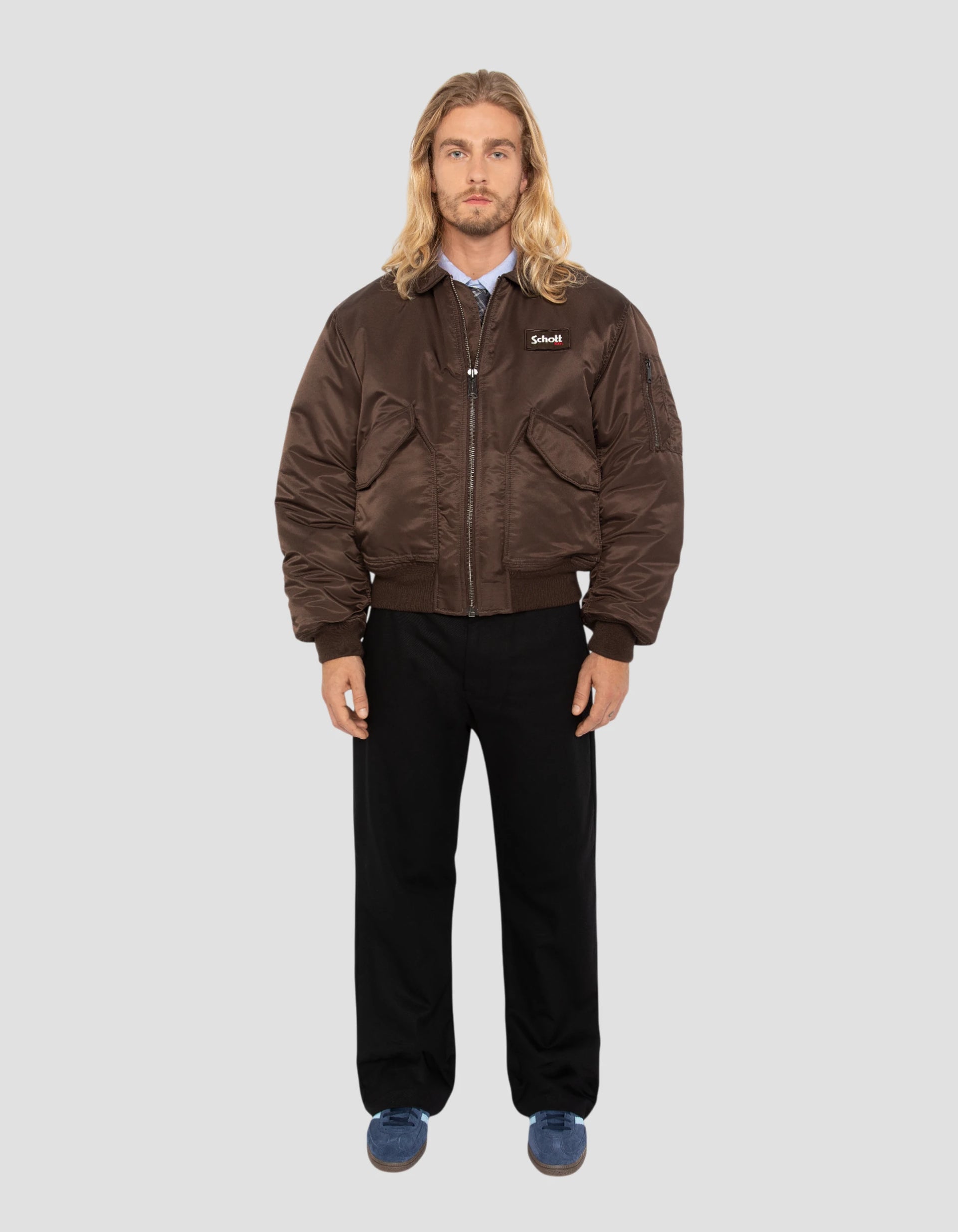 【schott】Derby jacket 90's Bomber CWU 90's dark brown in recycled nylon, Oversize cut
