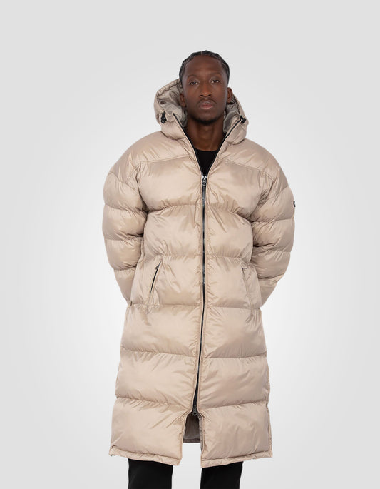 Doudoune beige extra longue à capuche
