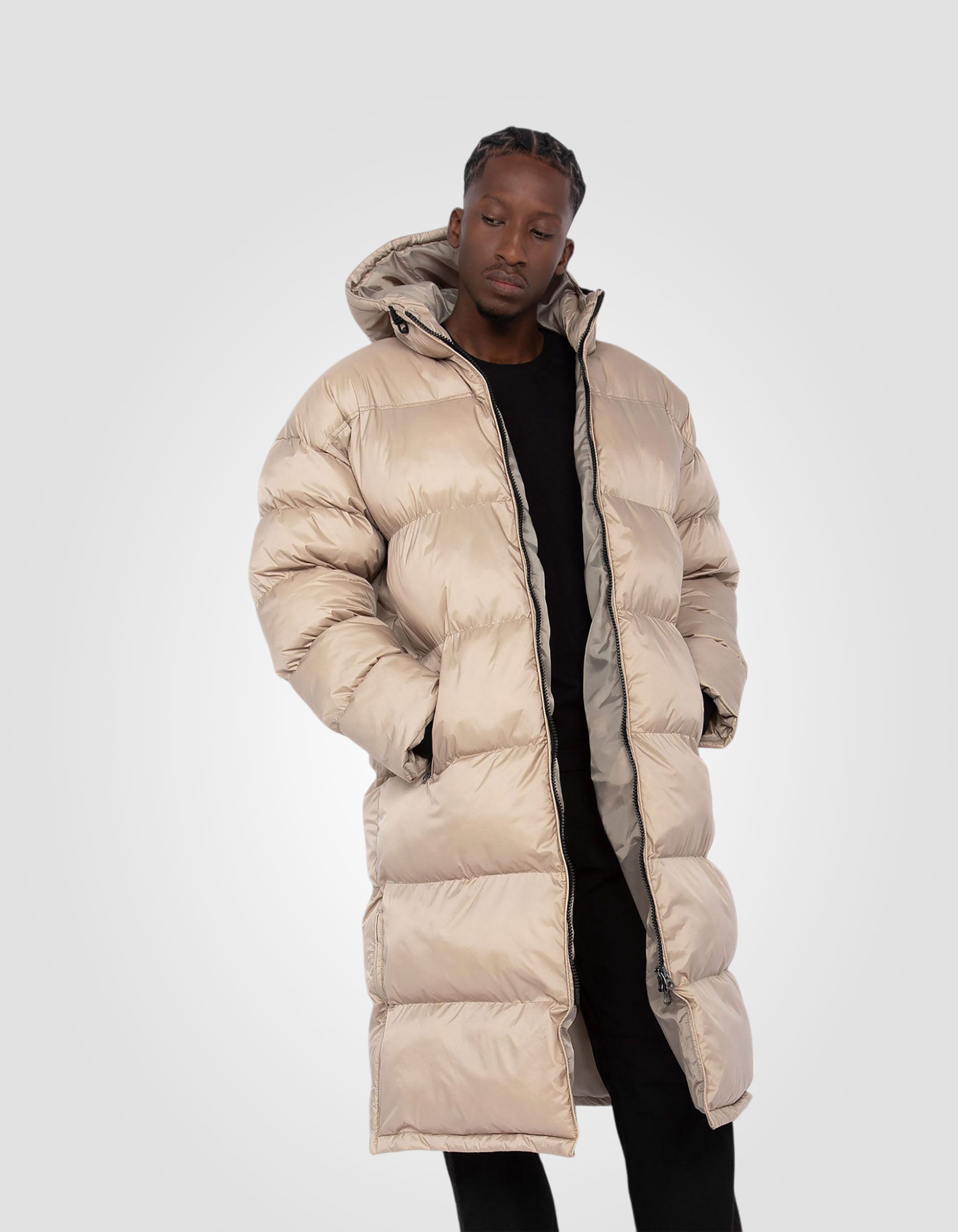 Extra lange mit Kapuze -Beige Down Jacke-4