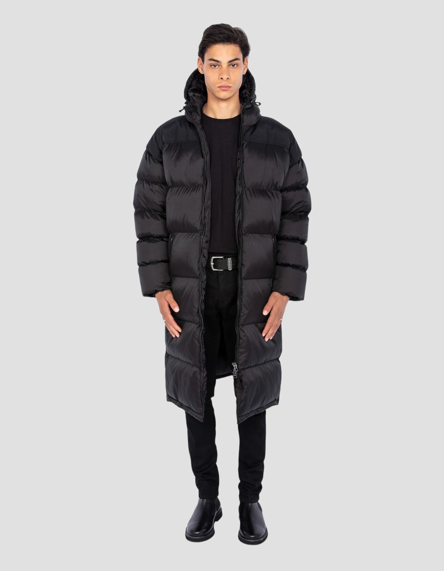 Extra long hooded black down jacket