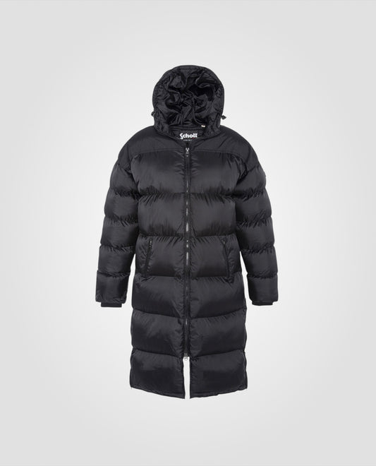 Extra long hooded black down jacket, large size