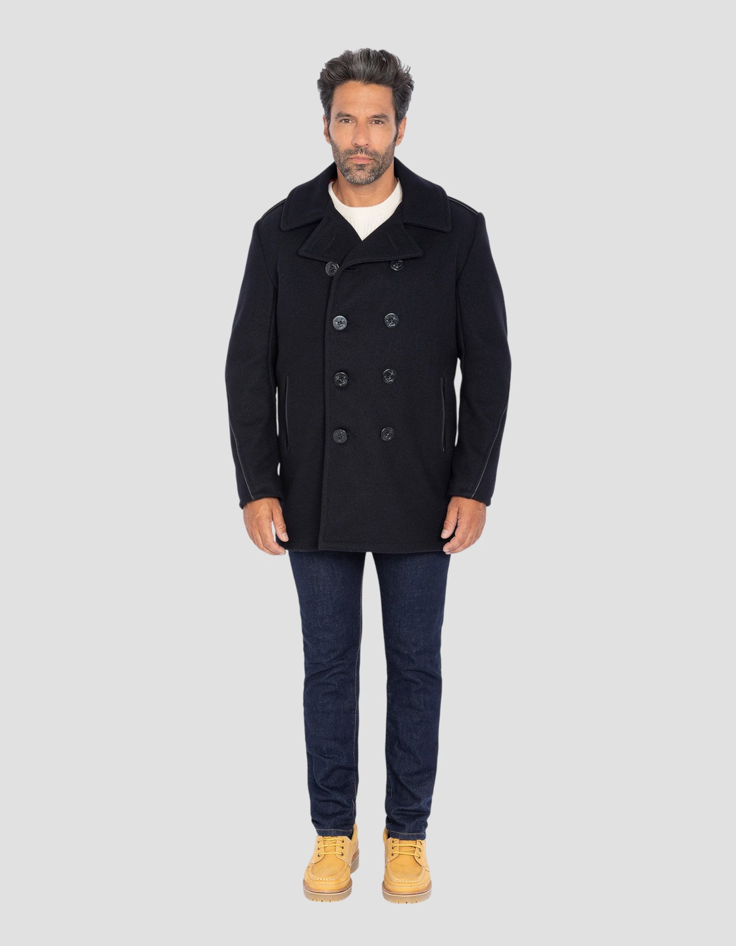 Caban bleu marine en laine mélangée, doublure rouge satinée, mythique USA