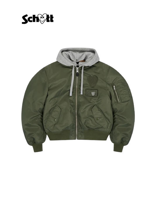 Schott NYC® x Eleven Paris unisex sage khaki zip hooded bomber jacket