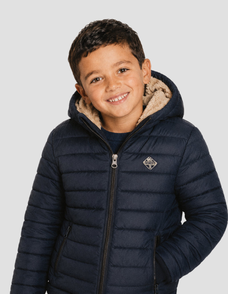 Doudoune bleu marine à capuche doublée fausse fourrure enfant-1