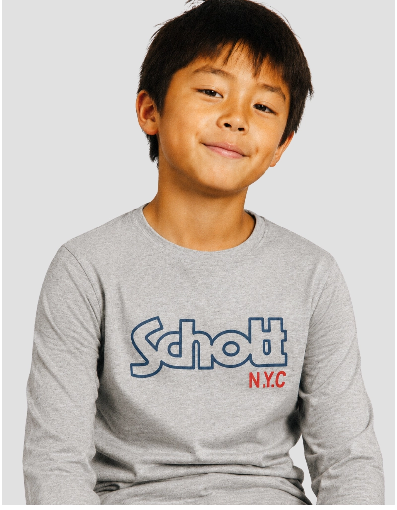 T-shirt imprimé gris chiné à manches longues