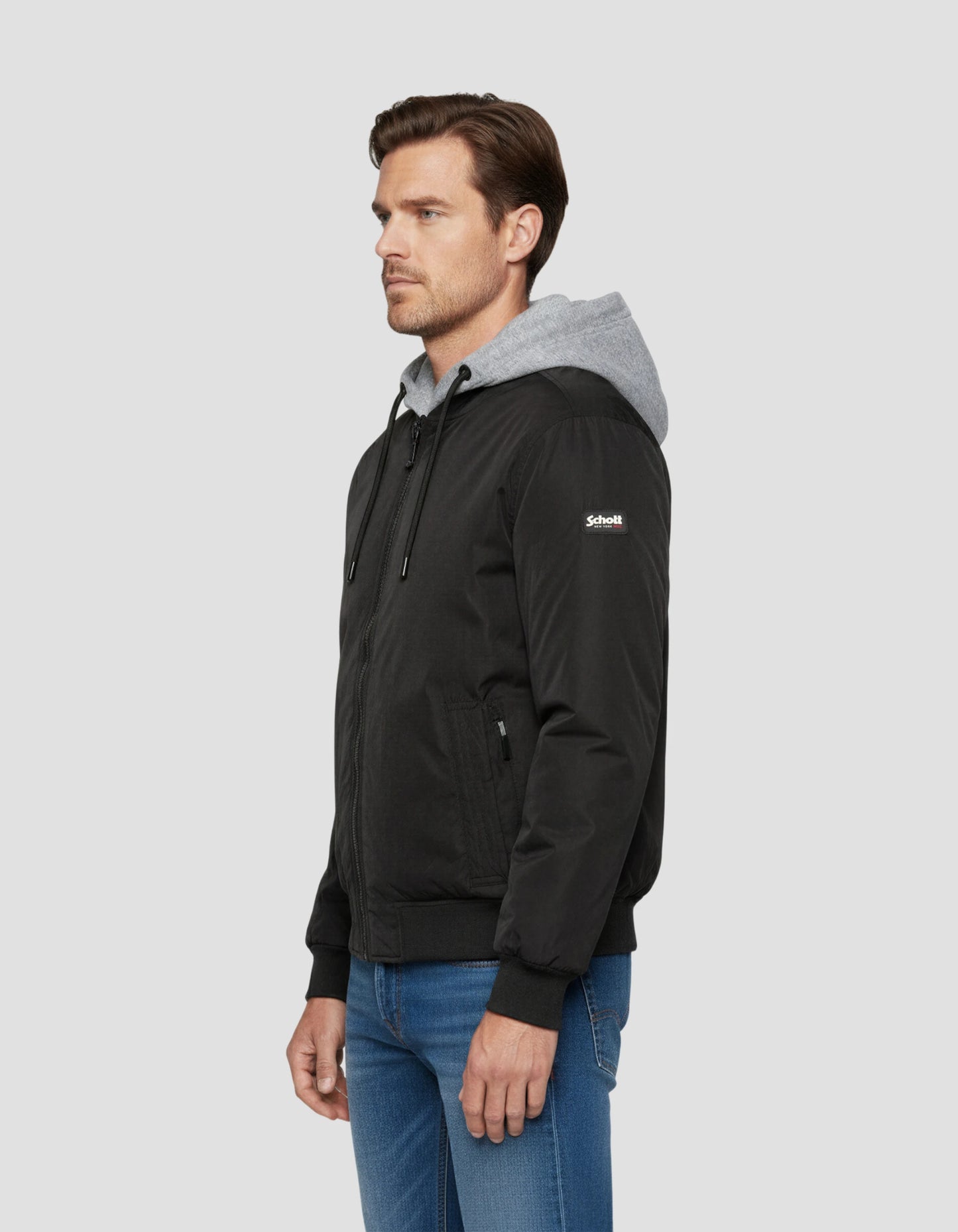 Giacca nera con cappuccio con plastron rimovibile