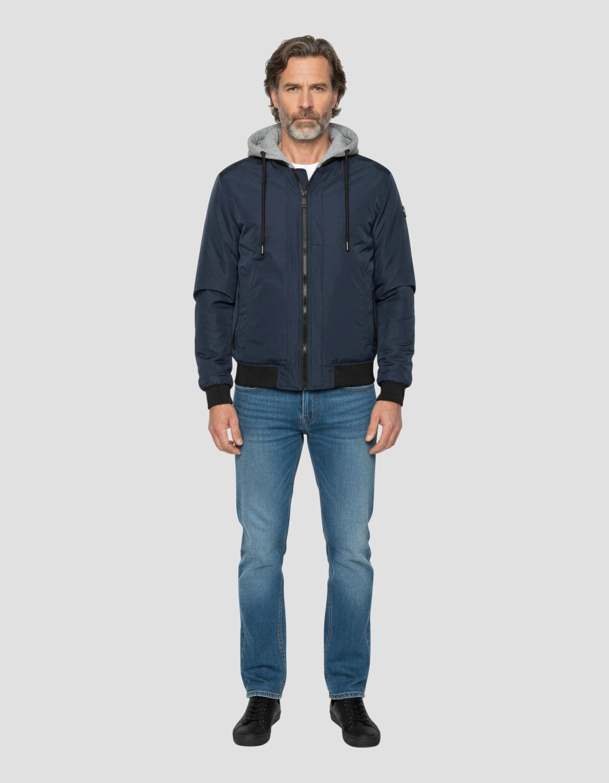 Giacca blu navy con cappuccio con plastron rimovibile-1