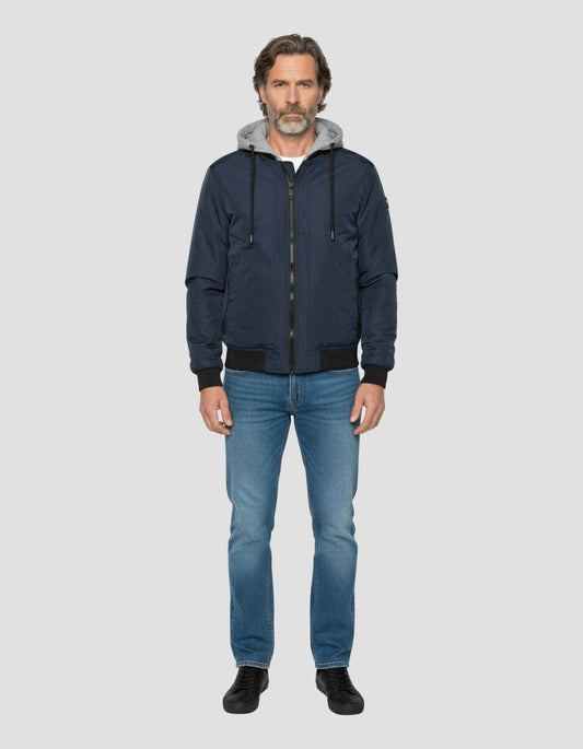 Giacca blu navy con cappuccio con plastron rimovibile