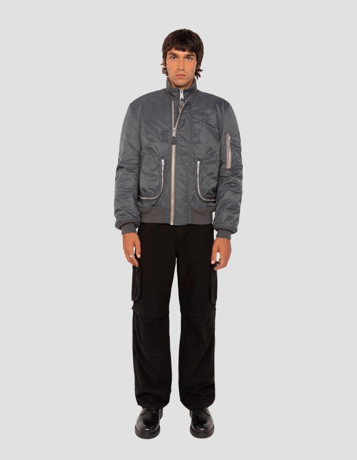 Blouson bomber tactique étain double zip, coupe oversize