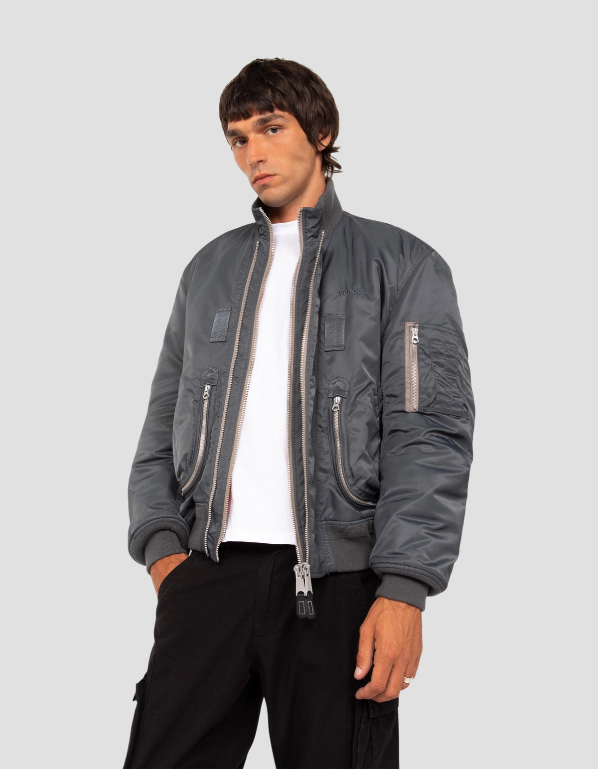 Blouson bomber tactique étain double zip, coupe oversize-4
