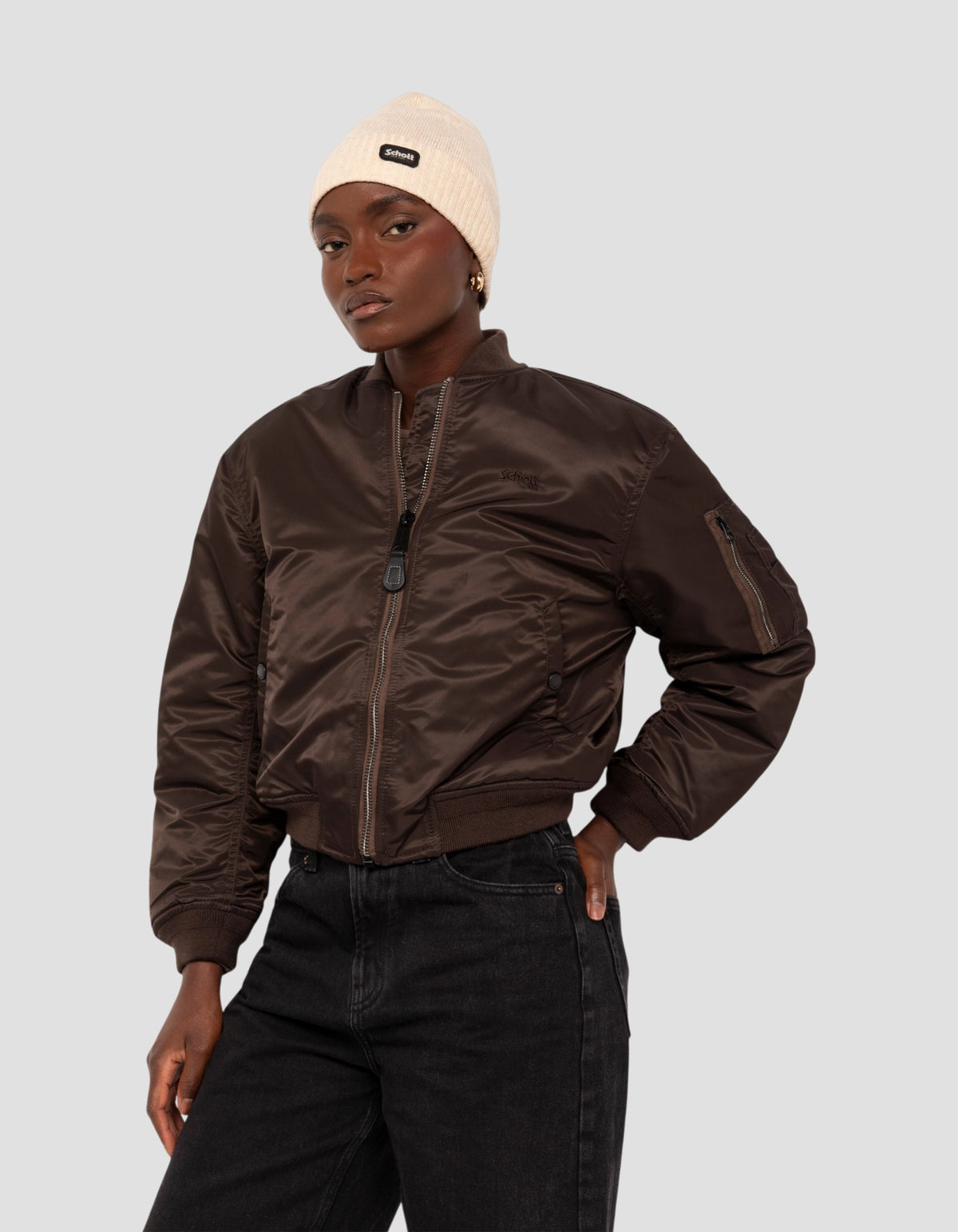 Bomber MA-1 90's marron foncé en nylon recyclé, coupe courte et confort-3