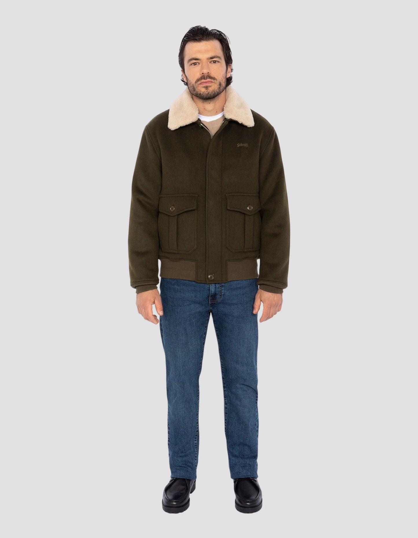 Blouson pilote kaki en laine mélangée